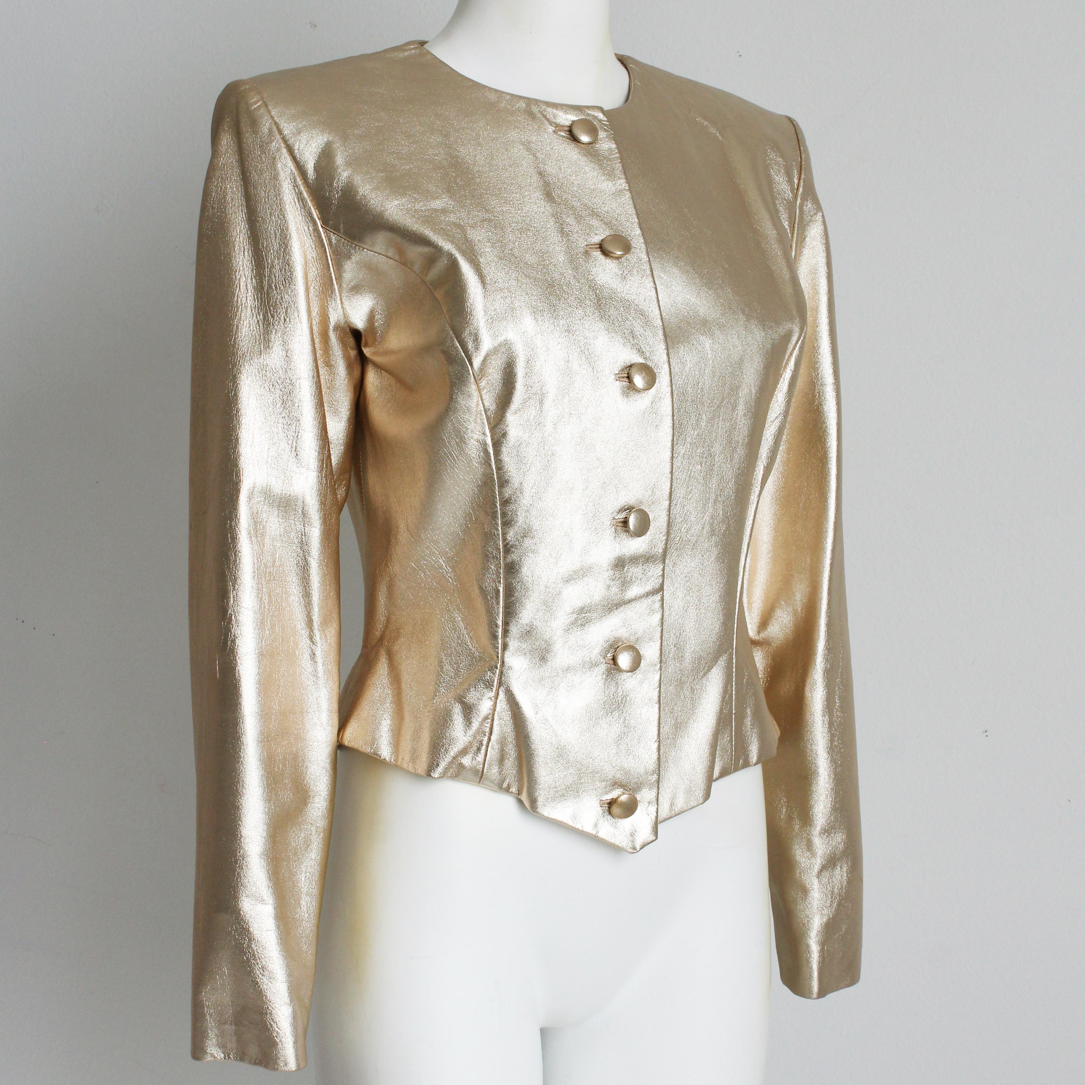 Vicky Tiel Couture Jacket Metallic Gold Leather Formal Evening Vintage Size 42 In Good Condition For Sale In Port Saint Lucie, FL