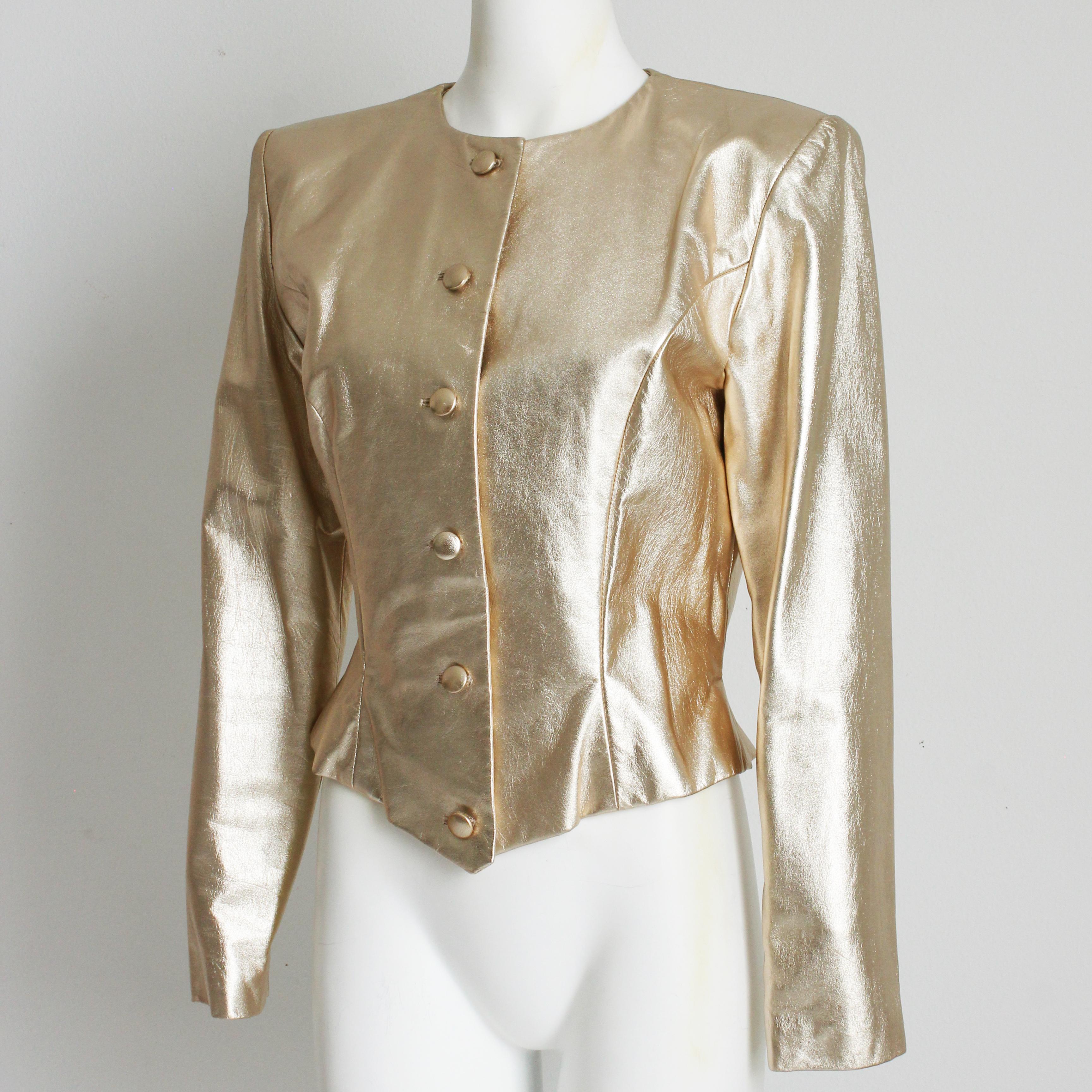 Vicky Tiel Couture Jacket Metallic Gold Leather Formal Evening Vintage Size 42 For Sale 4