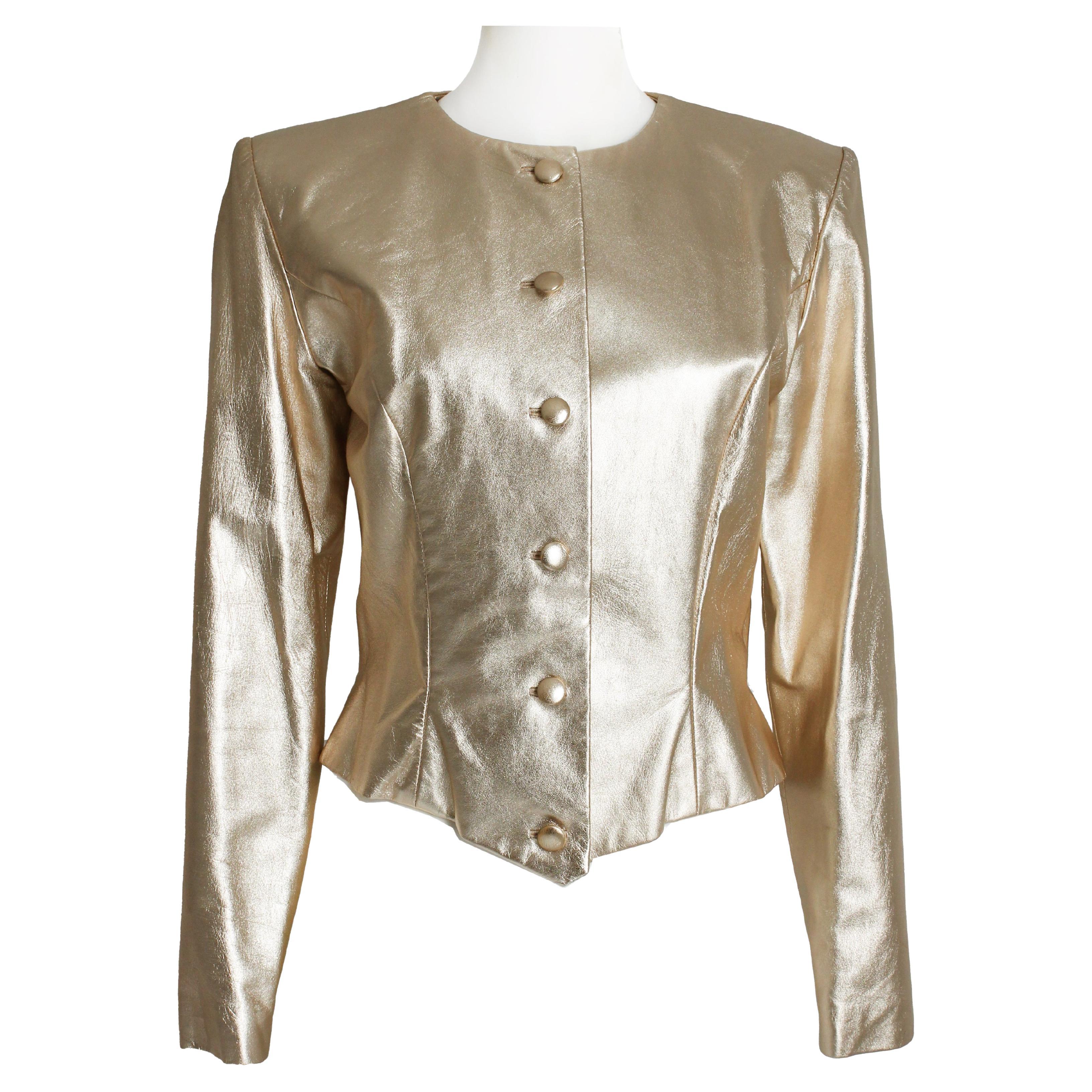 Vicky Tiel Couture Jacket Metallic Gold Leather Formal Evening Vintage Size 42 For Sale