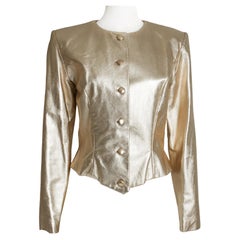 Vicky Tiel Couture Jacket Metallic Gold Leather Formal Evening Vintage Size 42