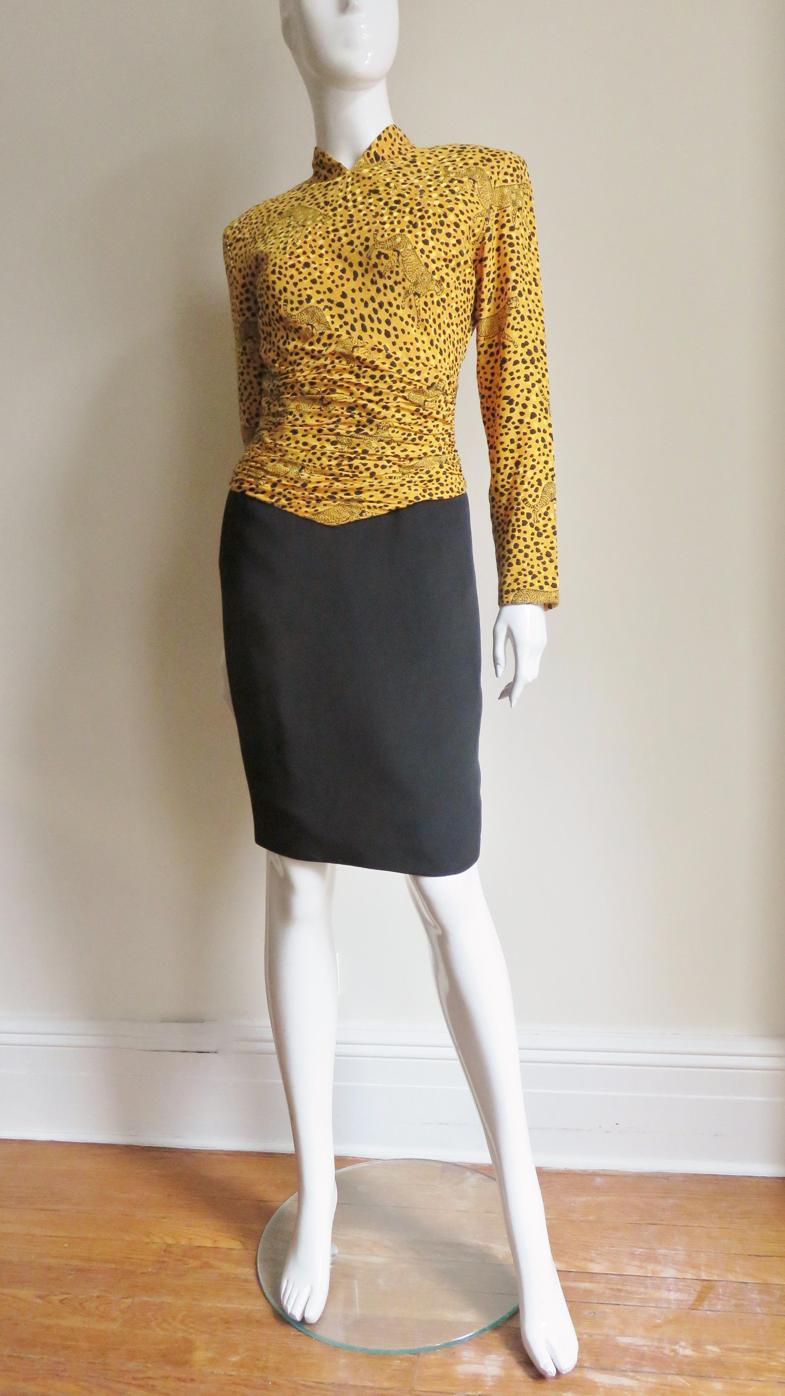 Vicky Tiel Couture Color Block Silk Dress with Leopards For Sale 1
