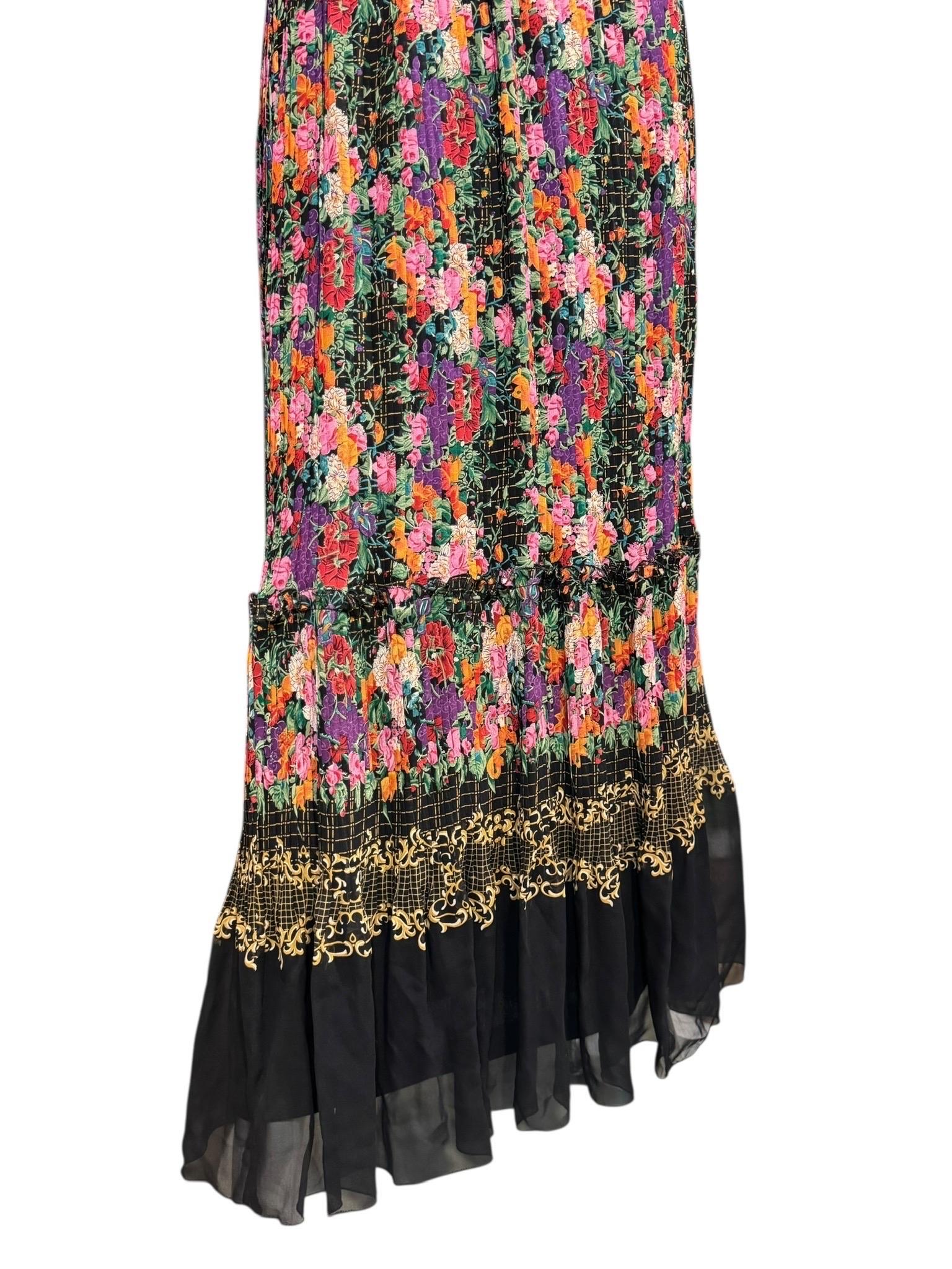 Women's Vicky Tiel Couture Off-Shoulder Floral Silk Chiffon Gown, 1970s For Sale