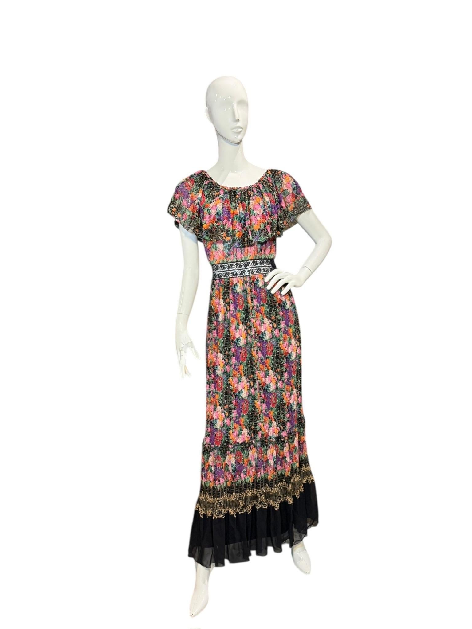 Vicky Tiel Couture Off-Shoulder Floral Silk Chiffon Gown, 1970s For Sale 1
