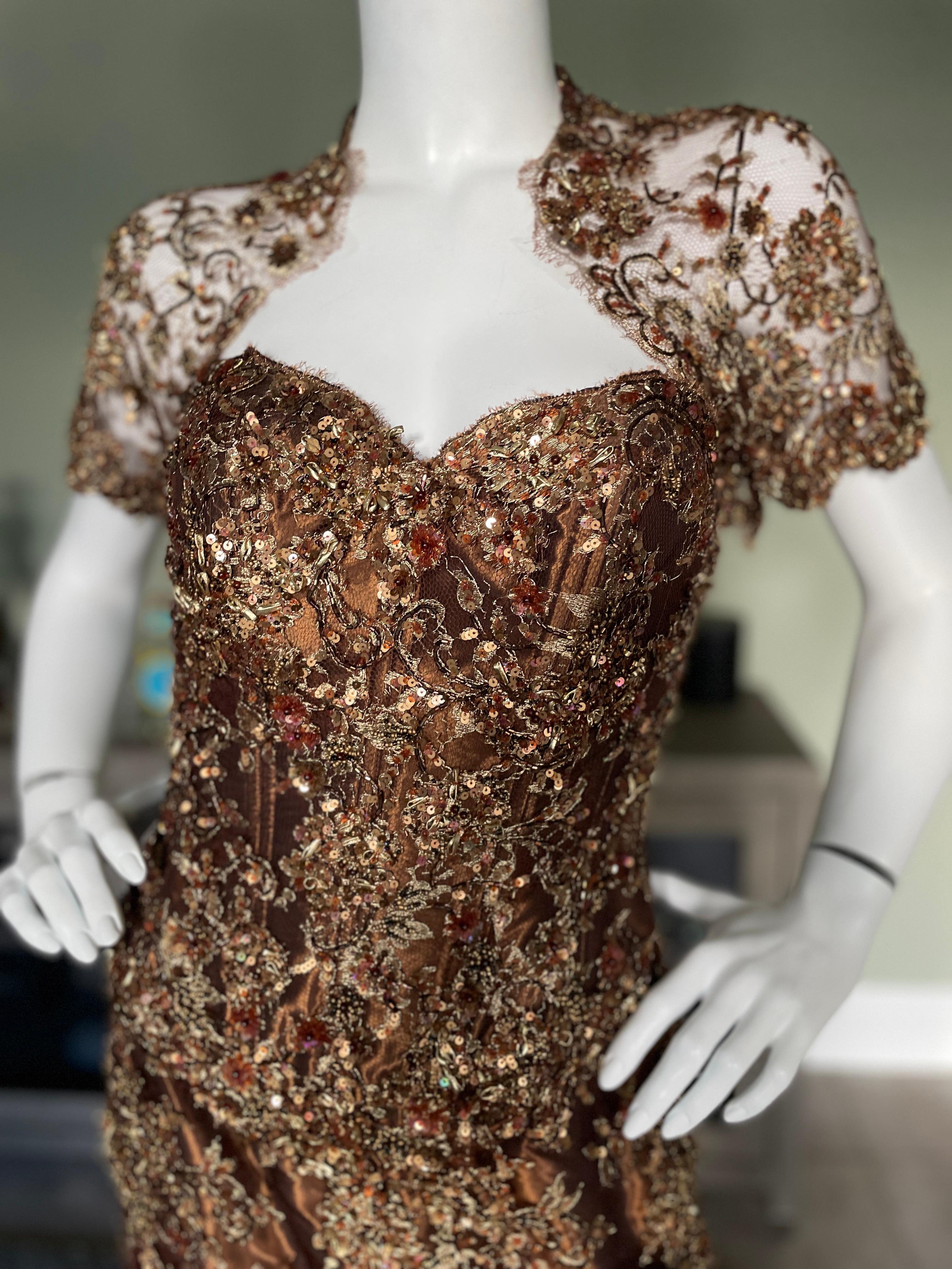 Vicky Tiel Couture Paris for Bergdorf Goodman Bronze Lace Corset Cocktail Dress For Sale 5