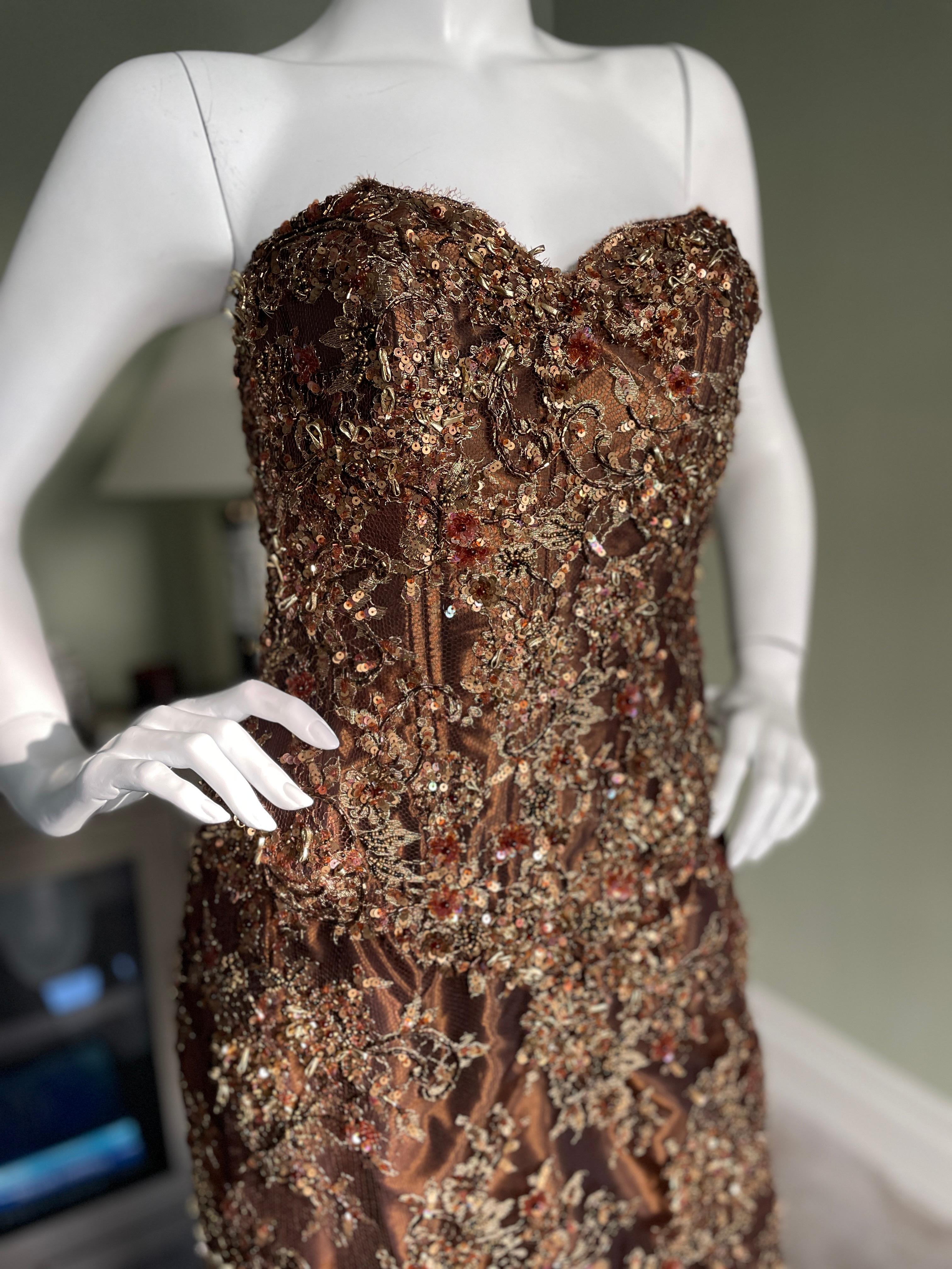 Brown Vicky Tiel Couture Paris for Bergdorf Goodman Bronze Lace Corset Cocktail Dress For Sale