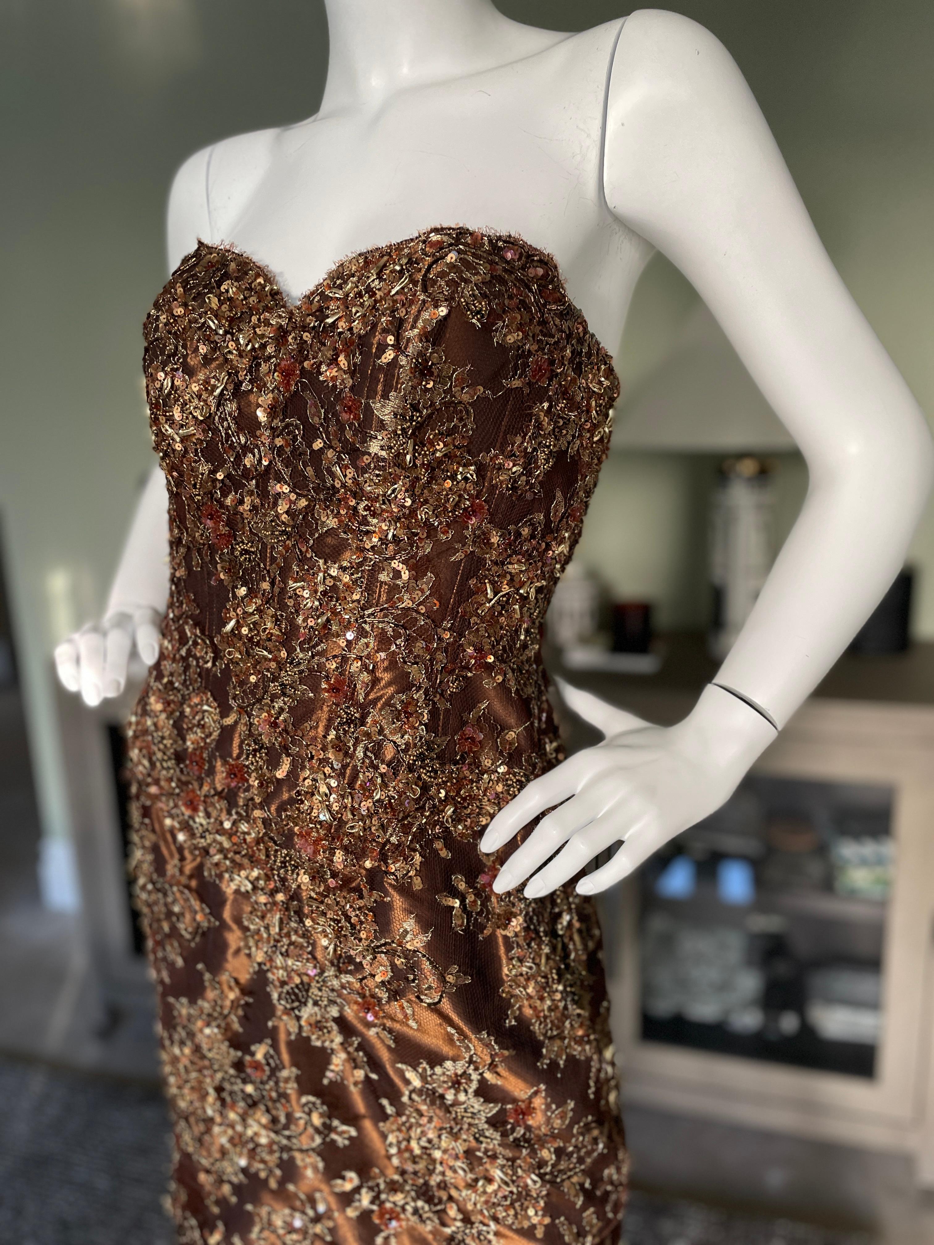 Vicky Tiel Couture Paris for Bergdorf Goodman Bronze Lace Corset Cocktail Dress In Excellent Condition For Sale In Cloverdale, CA
