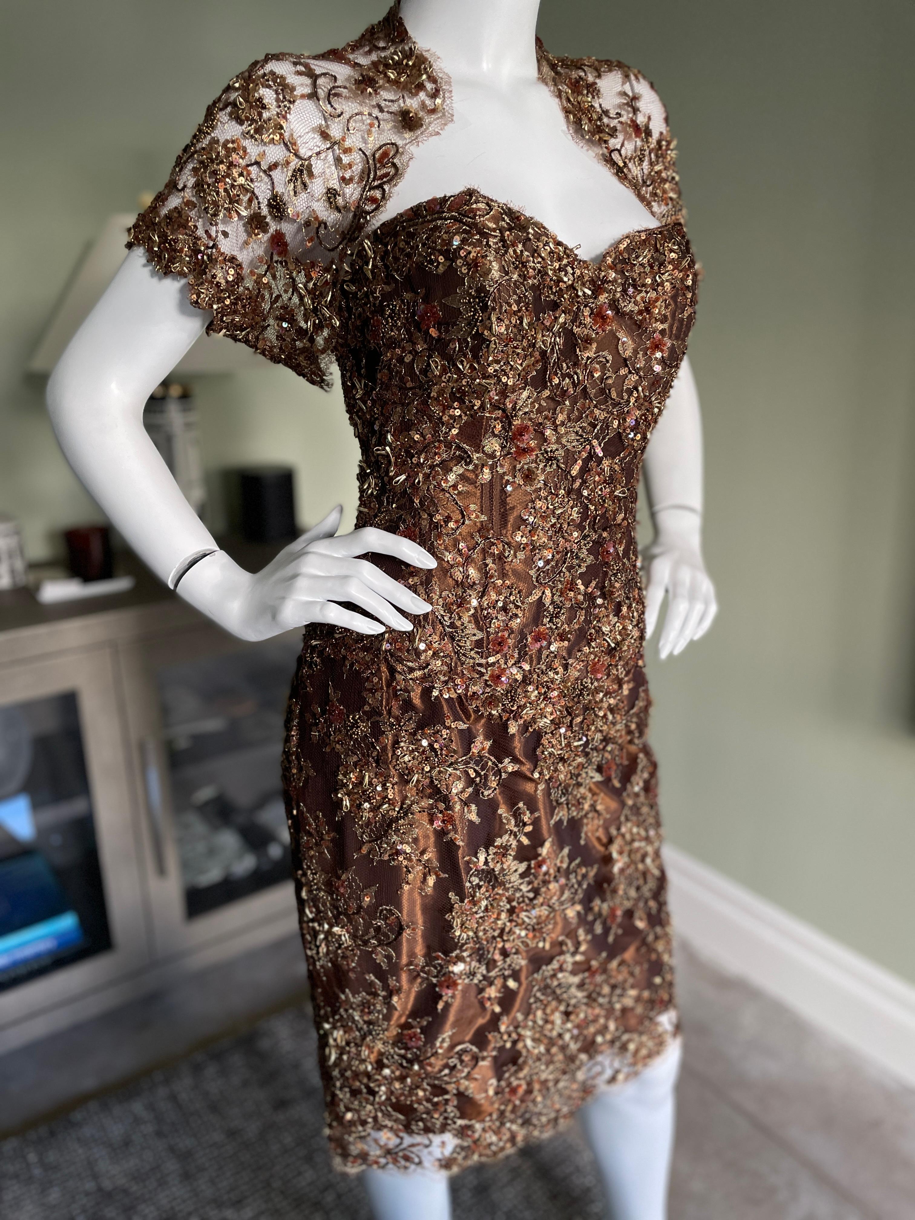 Vicky Tiel Couture Paris for Bergdorf Goodman Bronze Lace Corset Cocktail Dress For Sale 4