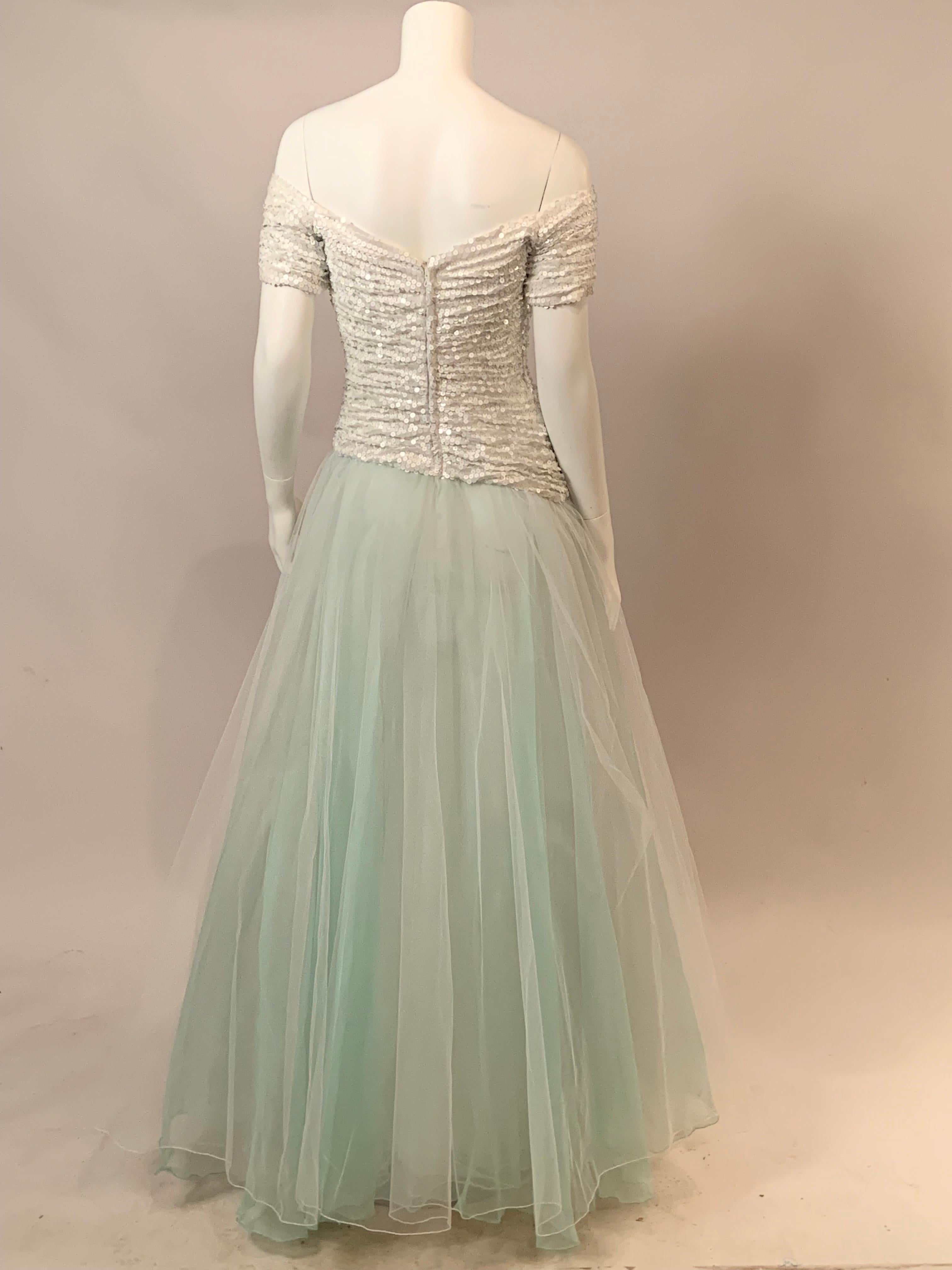Vicky Tiel Couture, Paris  Pale Aquamarine and White Sequin and Tulle Gown For Sale 6
