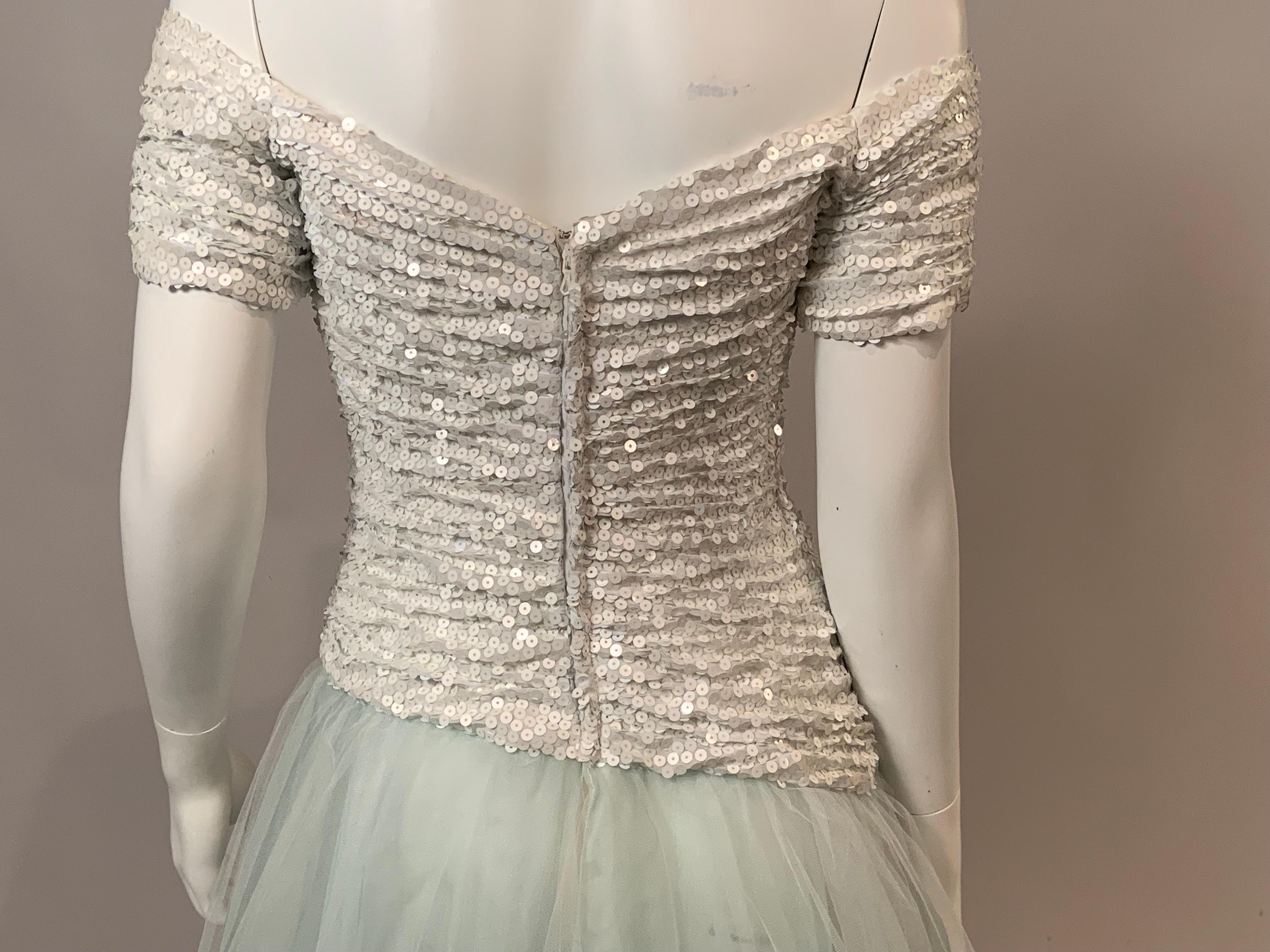 Vicky Tiel Couture, Paris  Pale Aquamarine and White Sequin and Tulle Gown For Sale 7