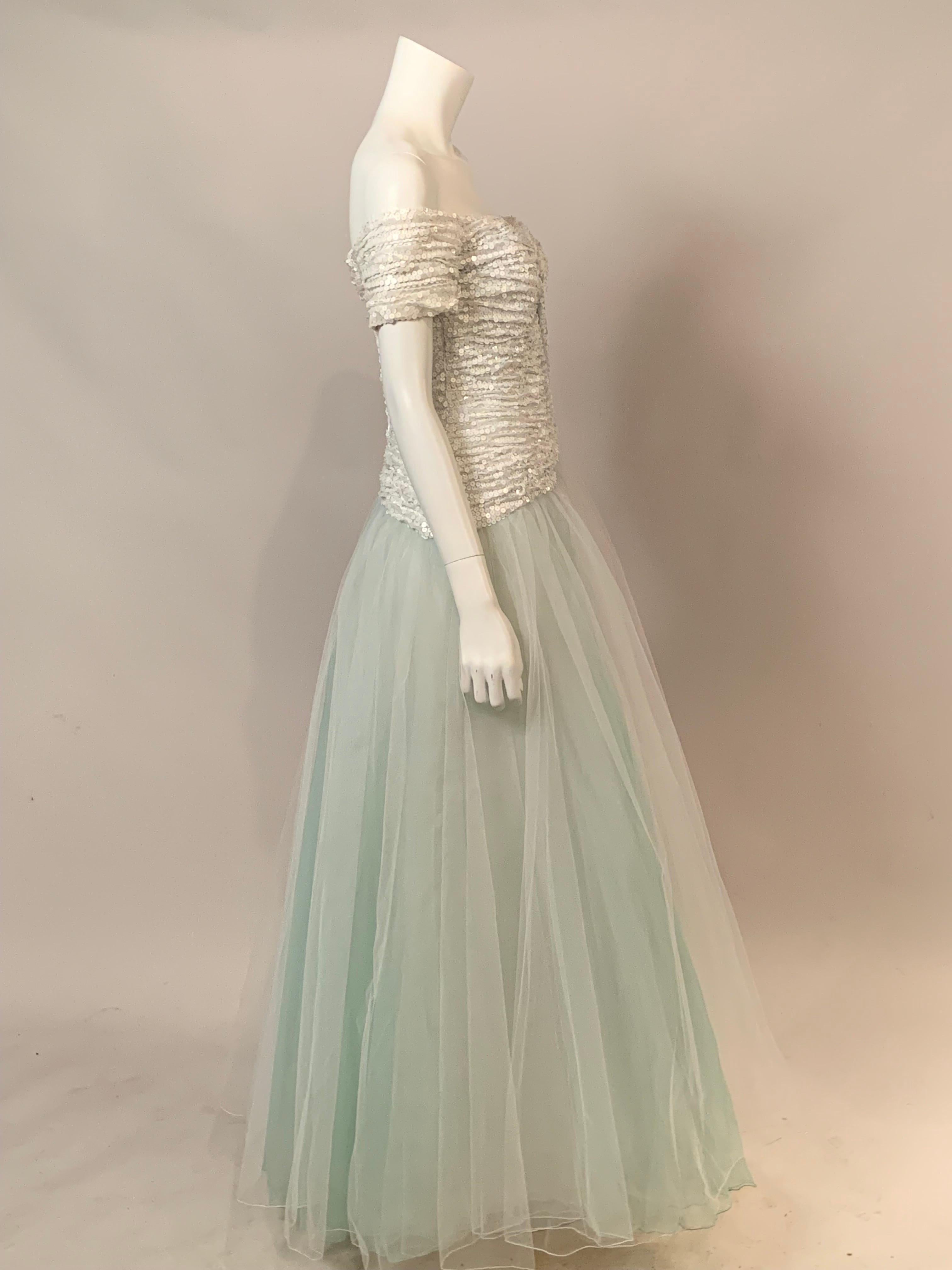 Vicky Tiel Couture, Paris  Pale Aquamarine and White Sequin and Tulle Gown For Sale 3