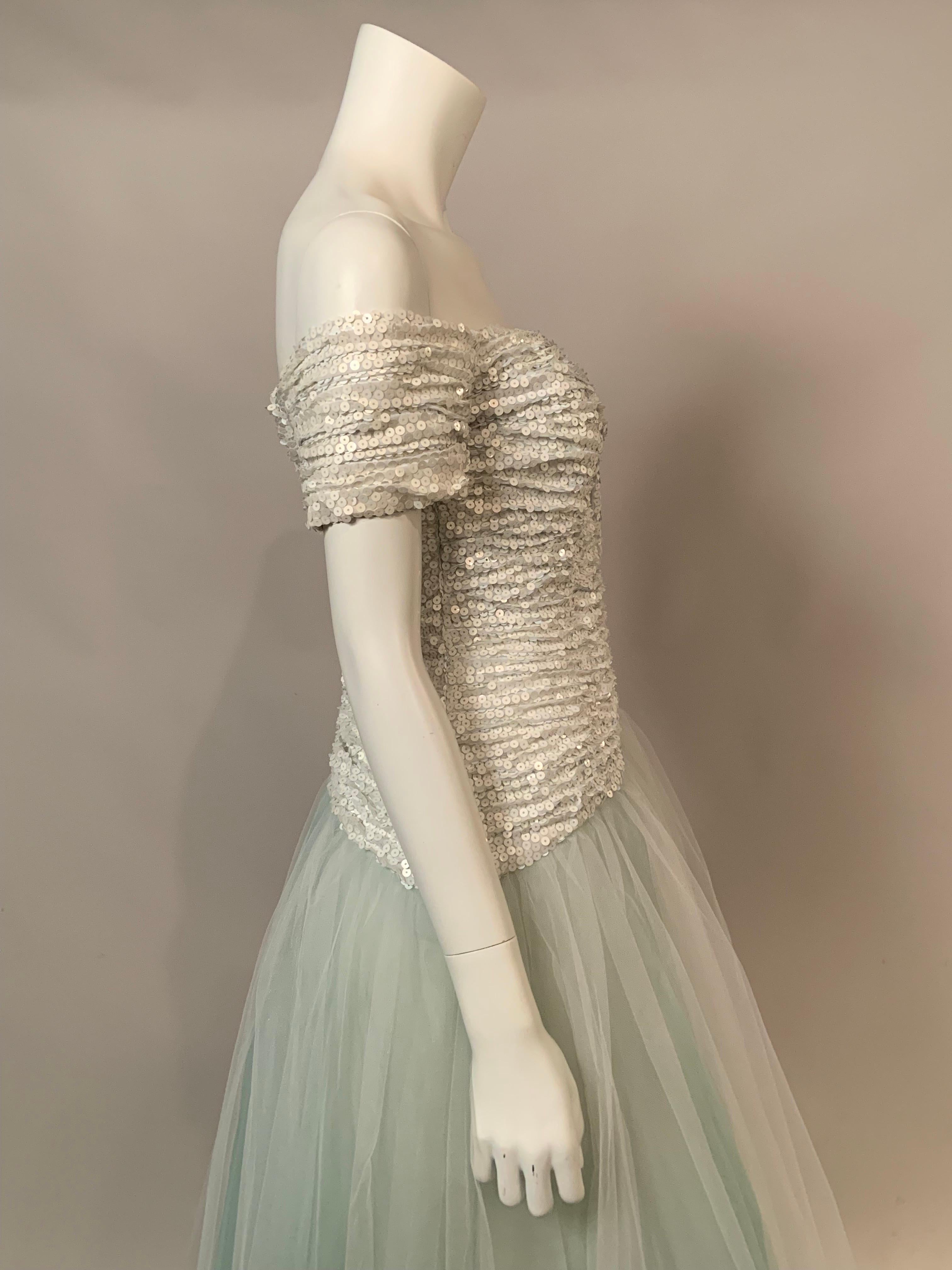 Vicky Tiel Couture, Paris  Pale Aquamarine and White Sequin and Tulle Gown For Sale 4