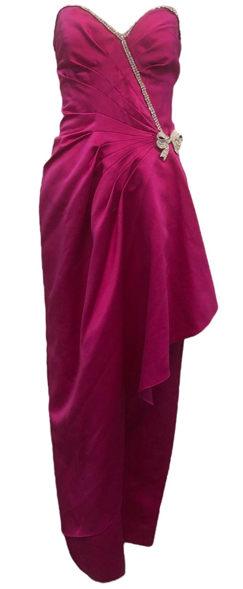 Abito da sera Vicky Tiel Couture in raso color fucsia e senza spalline, anni '80 in vendita