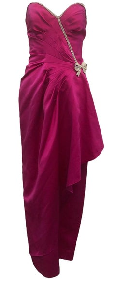 Vicky Tiel Couture Satin Fuschia und trägerloses Abendkleid, 1980er Jahre