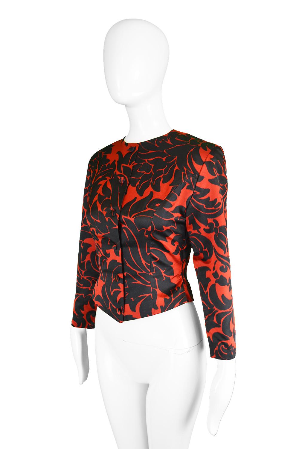 Women's Vicky Tiel Couture Vintage Red & Black Fitted Damask Pattern Jacket, 1980s For Sale