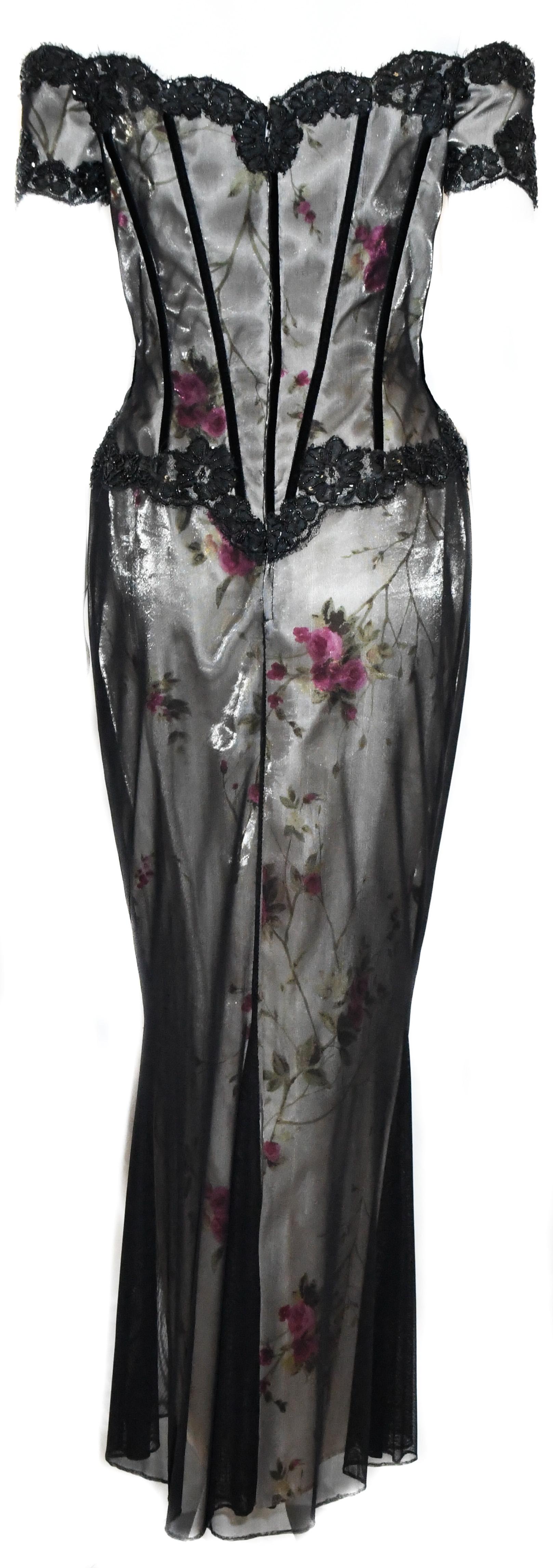 Vicky Tiel Floral Print Gown With Black Tulle Overlay & Lace Trim In Good Condition In Palm Beach, FL