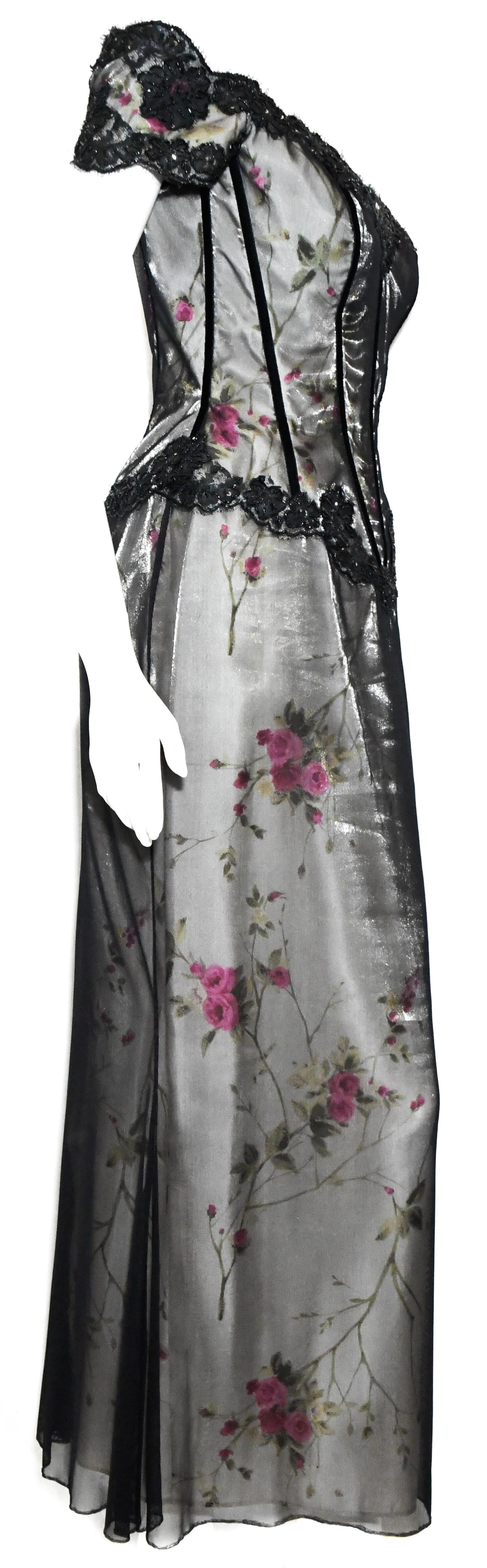 Women's Vicky Tiel Floral Print Gown With Black Tulle Overlay & Lace Trim