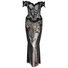 Vicky Tiel Floral Print Gown With Black Tulle Overlay & Lace Trim