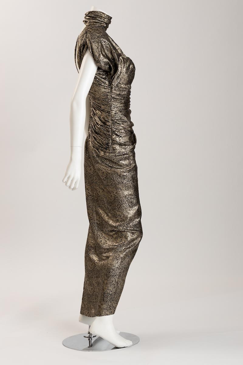 Vicky Tiel Paris 1980's Gold Lizard Silk Lame Evening Gown 2