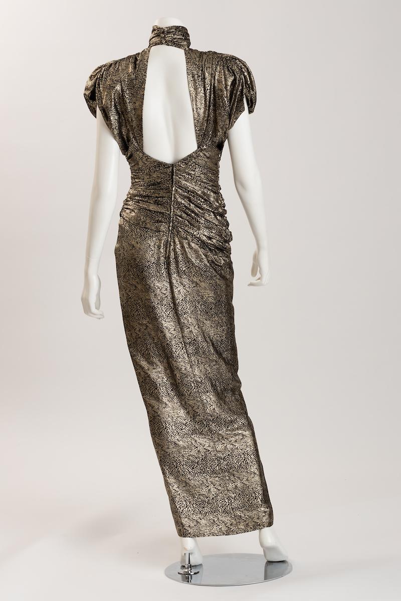 Vicky Tiel Paris 1980's Gold Lizard Silk Lame Evening Gown 8