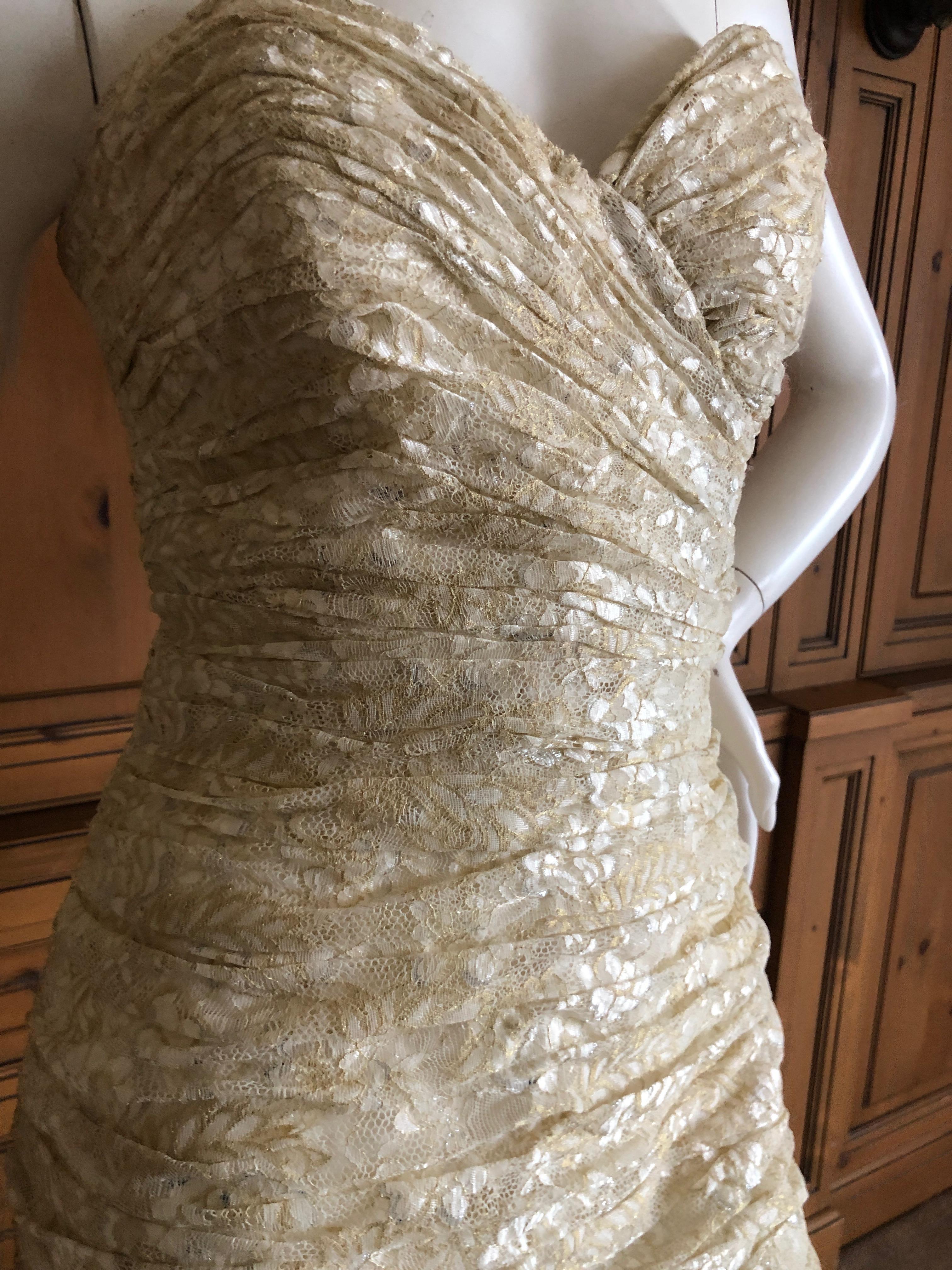 Vicky Tiel Paris 80's Gold Lace Strapless Cocktail Dress For Sale 3