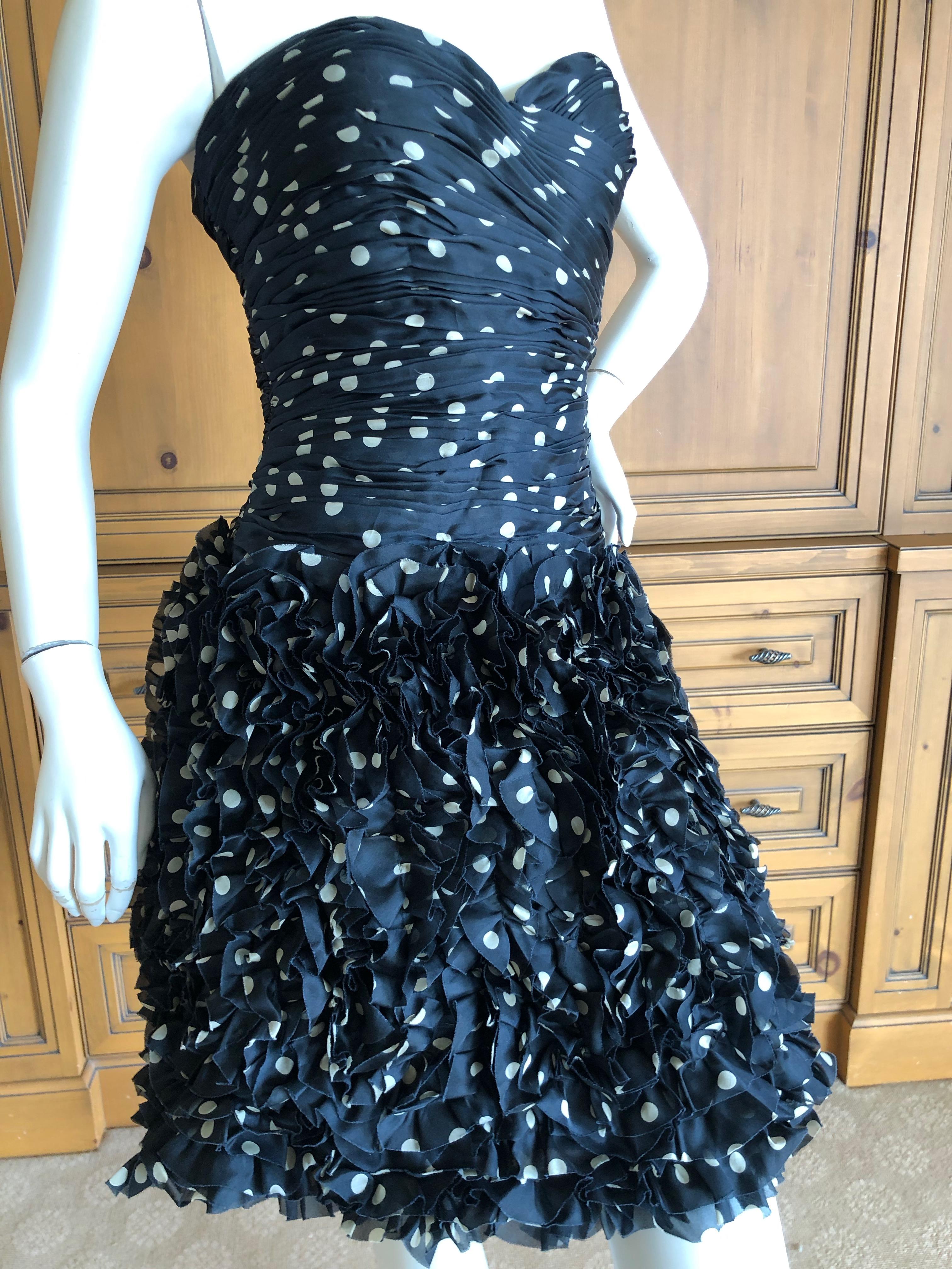 Black Vicky Tiel Paris 80's Strapless Polka Dot Pouf Dress Size 4