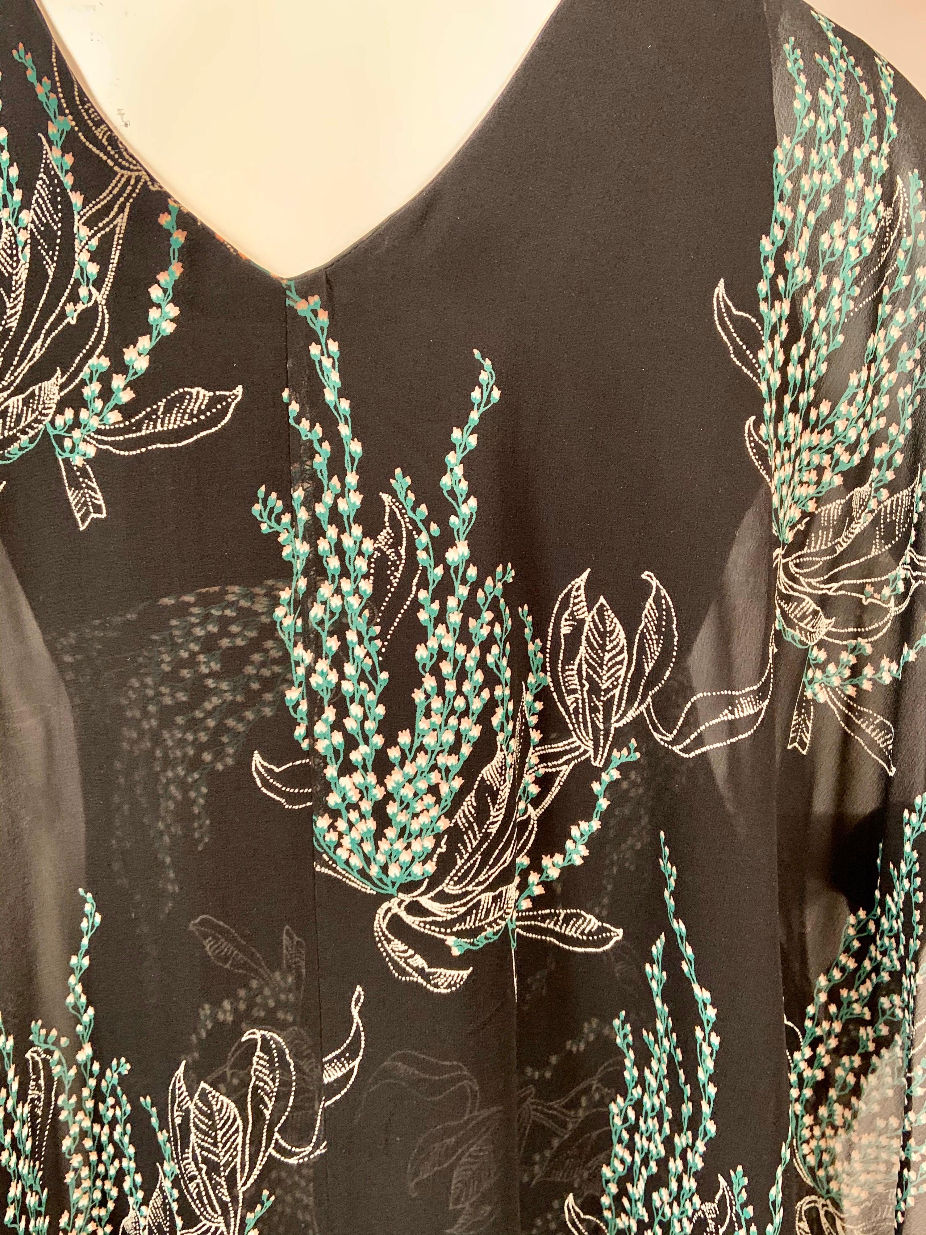 Vicky Tiel, Paris Lily of the Valley Printed Tiered Floating Silk Chiffon Dress 6