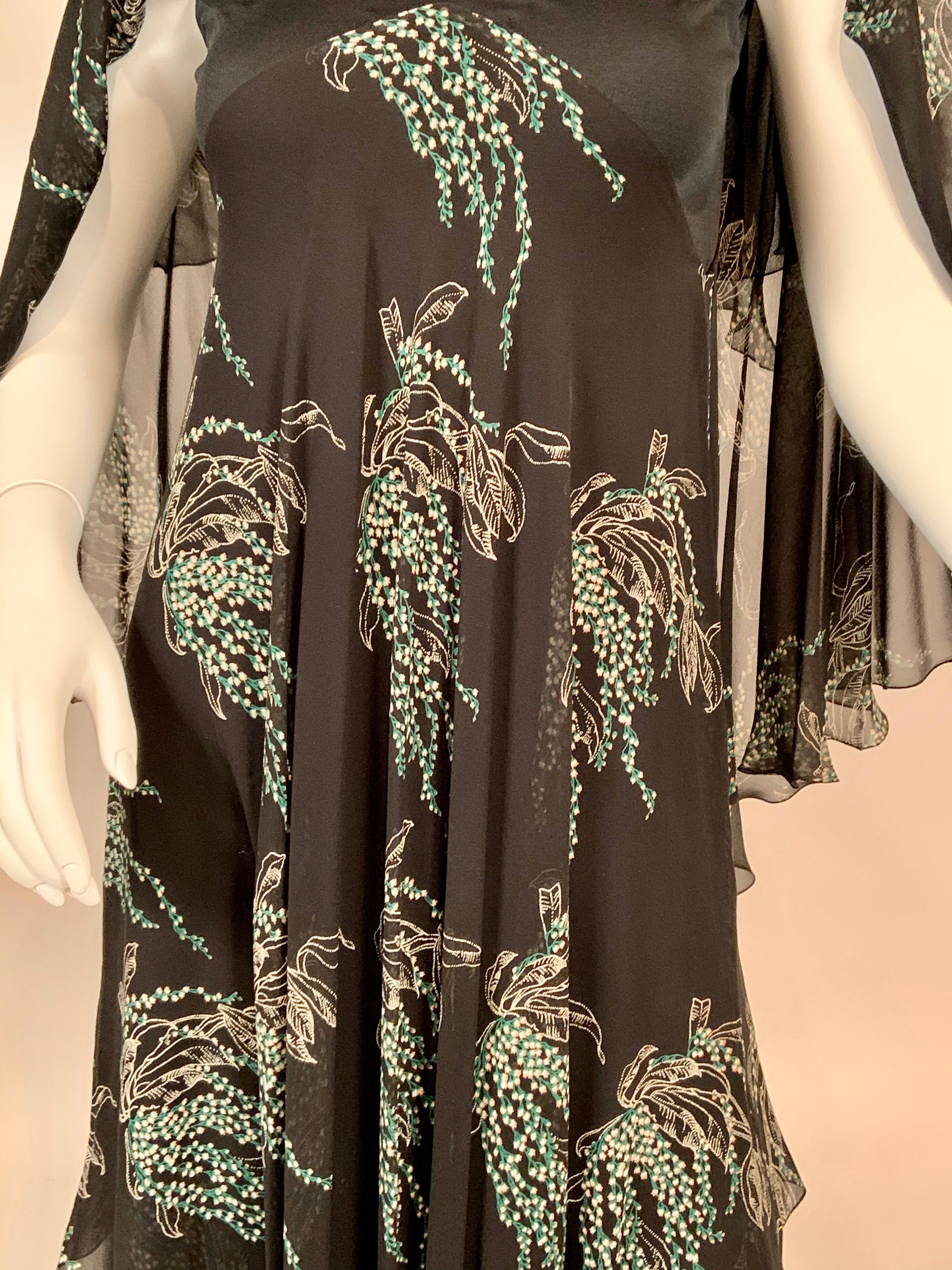 Black Vicky Tiel, Paris Lily of the Valley Printed Tiered Floating Silk Chiffon Dress