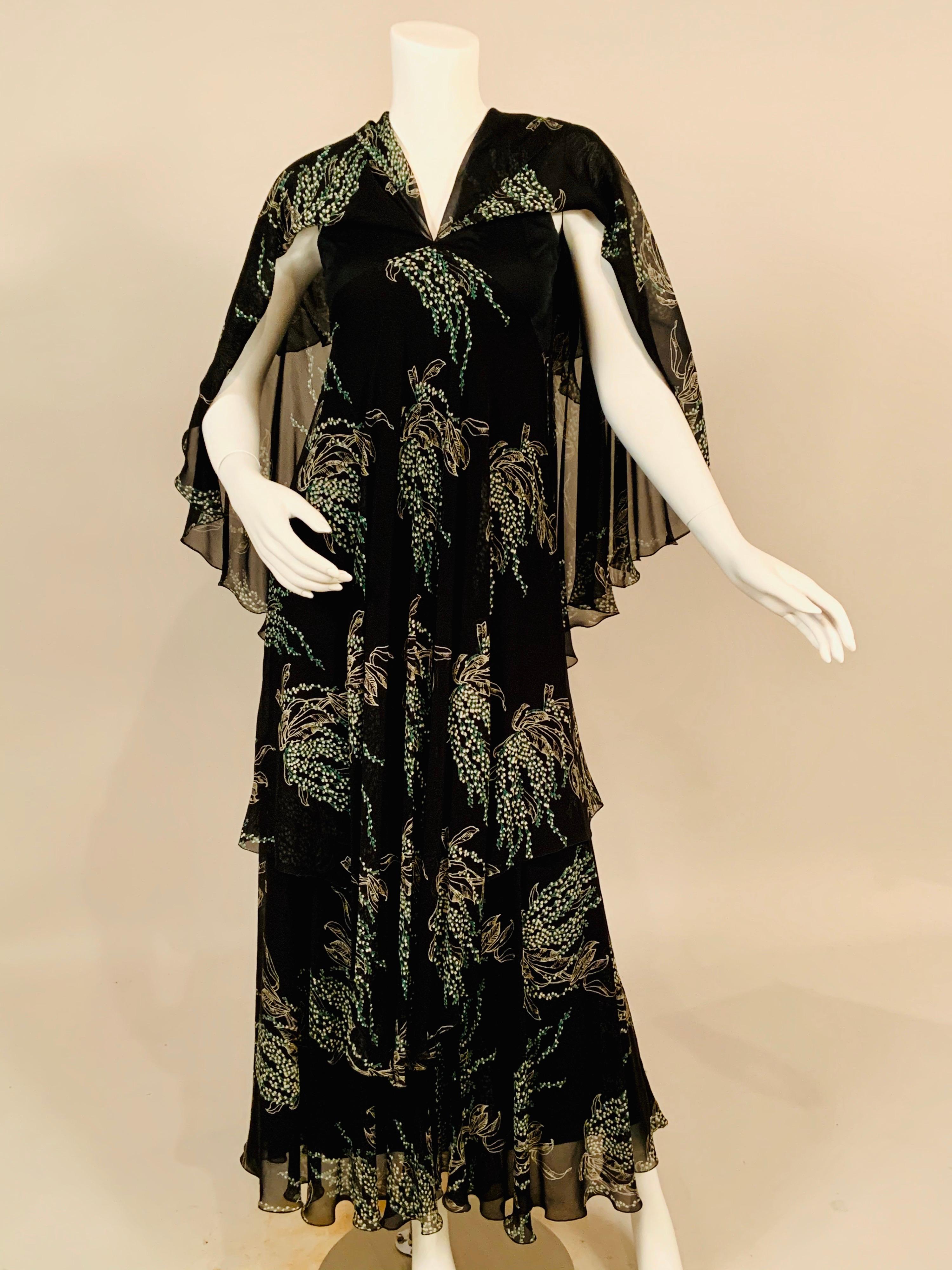Vicky Tiel, Paris Lily of the Valley Printed Tiered Floating Silk Chiffon Dress In Excellent Condition In New Hope, PA