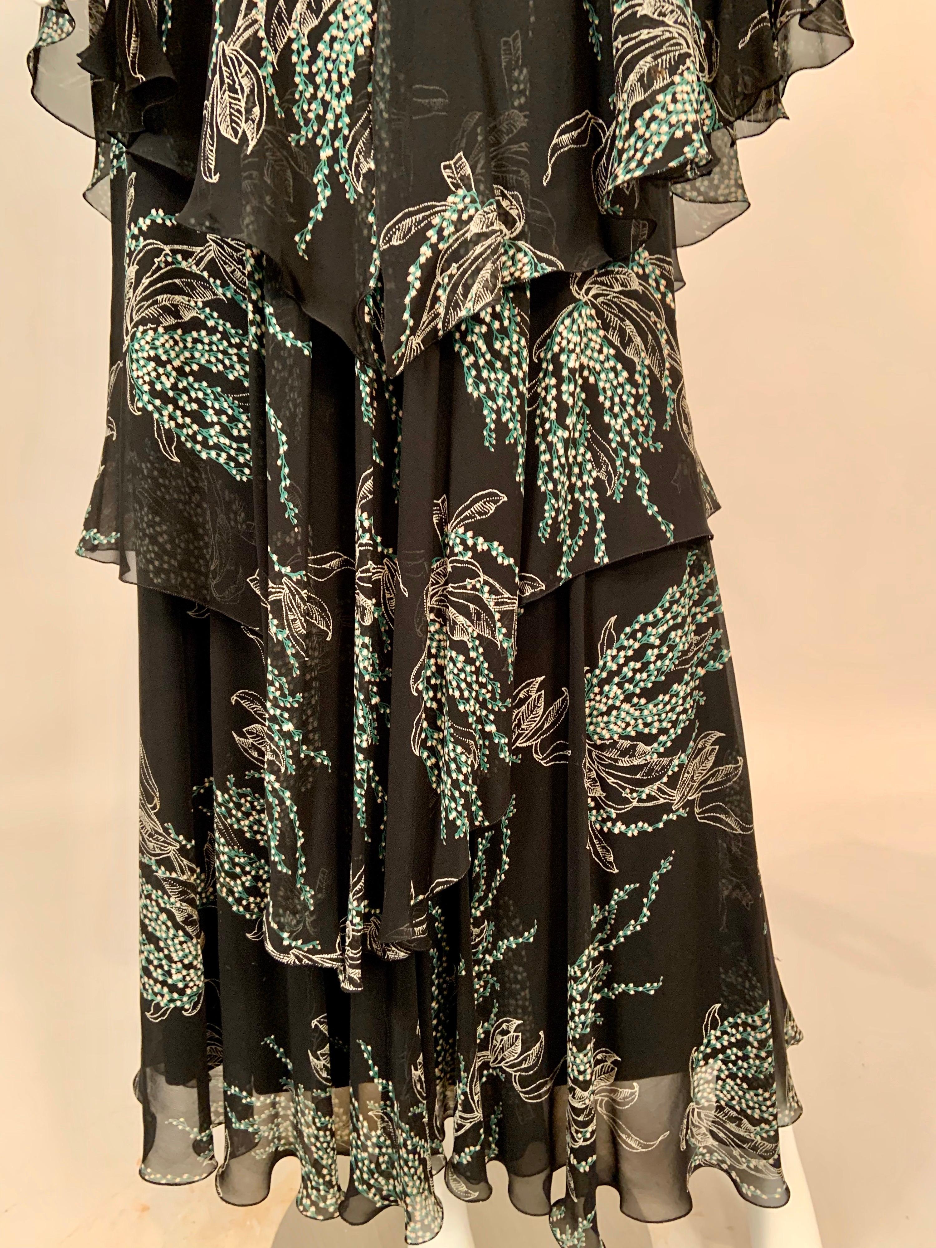 Vicky Tiel, Paris Lily of the Valley Printed Tiered Floating Silk Chiffon Dress 1