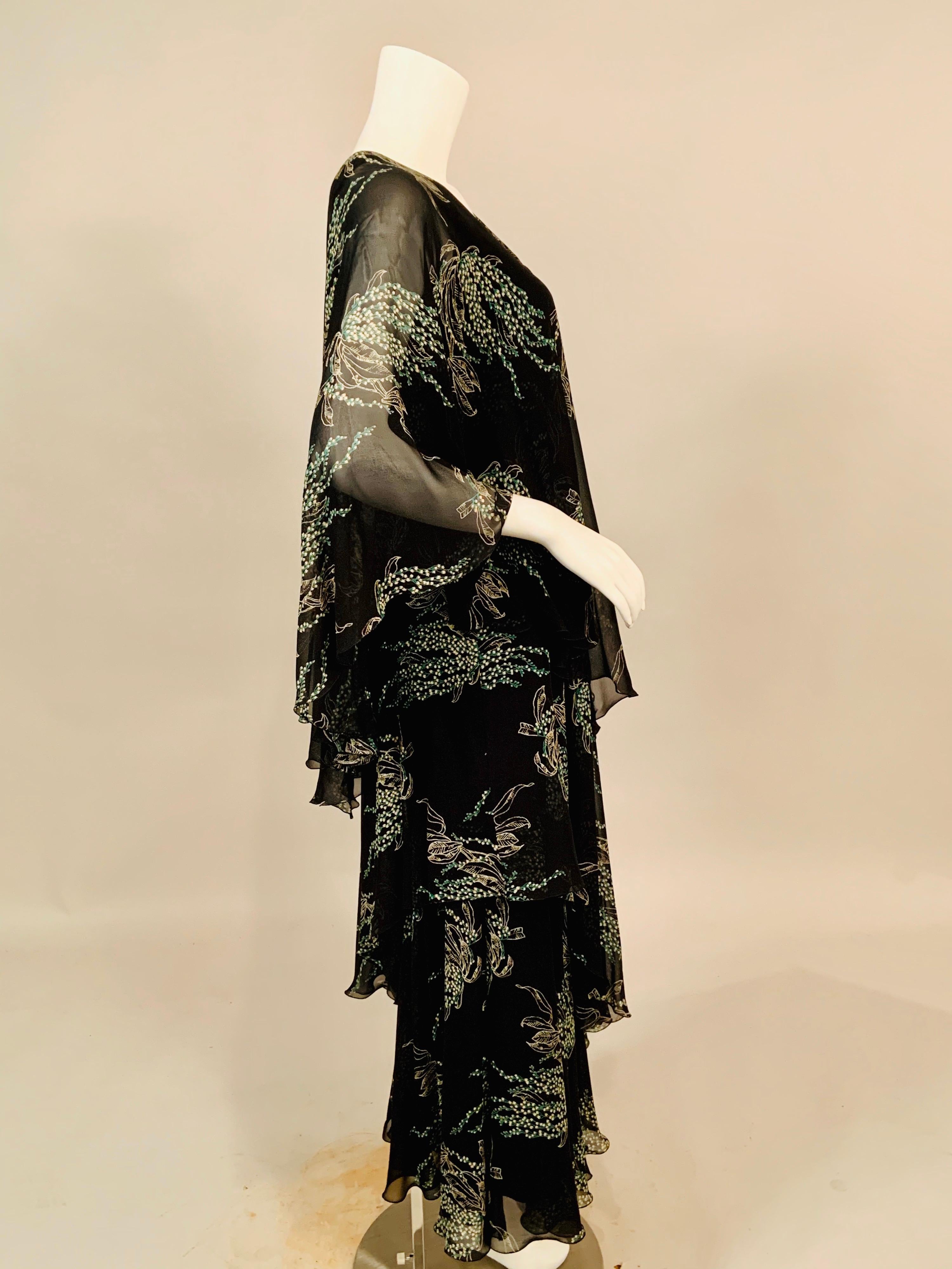 Vicky Tiel, Paris Lily of the Valley Printed Tiered Floating Silk Chiffon Dress 2