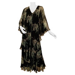 Vintage Vicky Tiel, Paris Lily of the Valley Printed Tiered Floating Silk Chiffon Dress