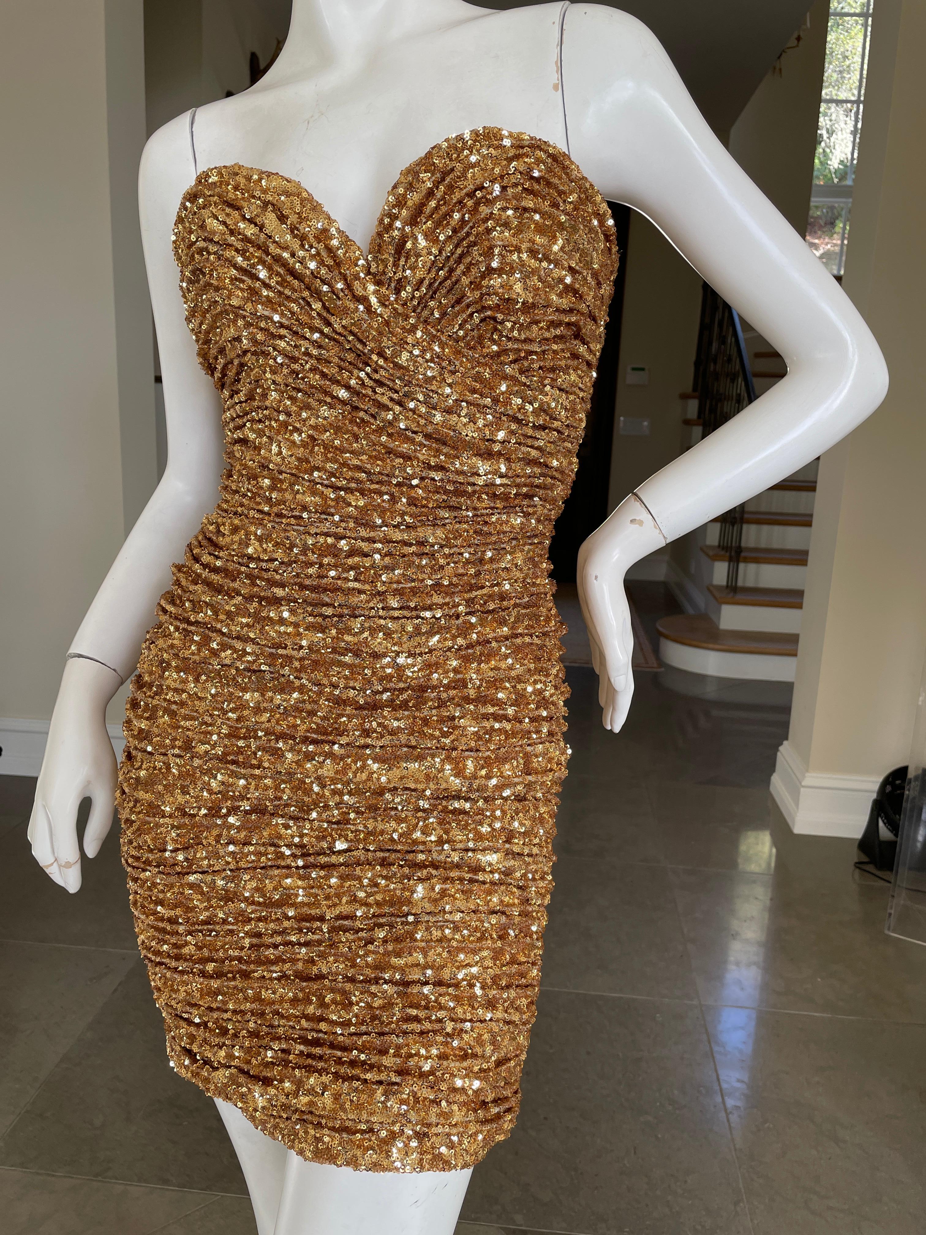 Brown Vicky Tiel Paris Sensational 80's Gold Sequin Strapless Cocktail Dress For Sale