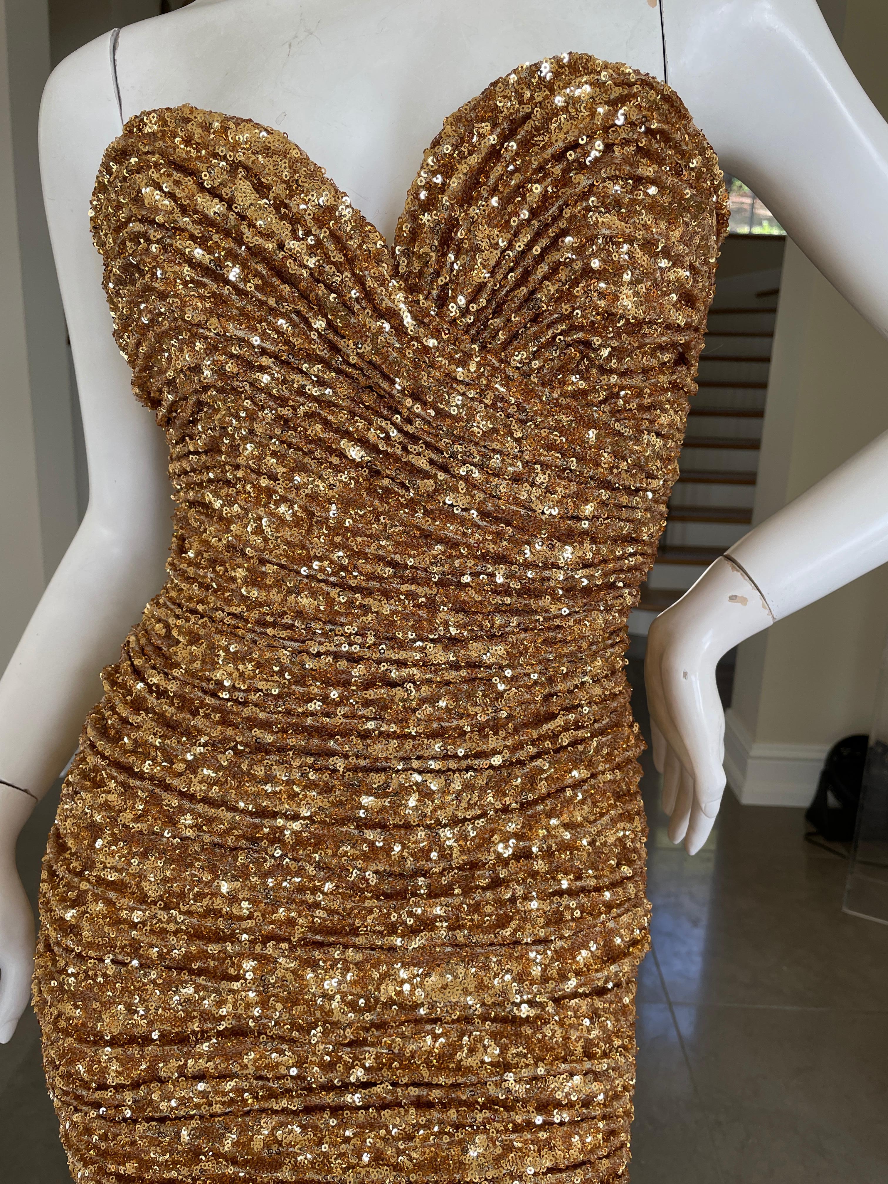 Vicky Tiel Paris Sensational 80's Gold Sequin Strapless Cocktail Dress In New Condition For Sale In Cloverdale, CA