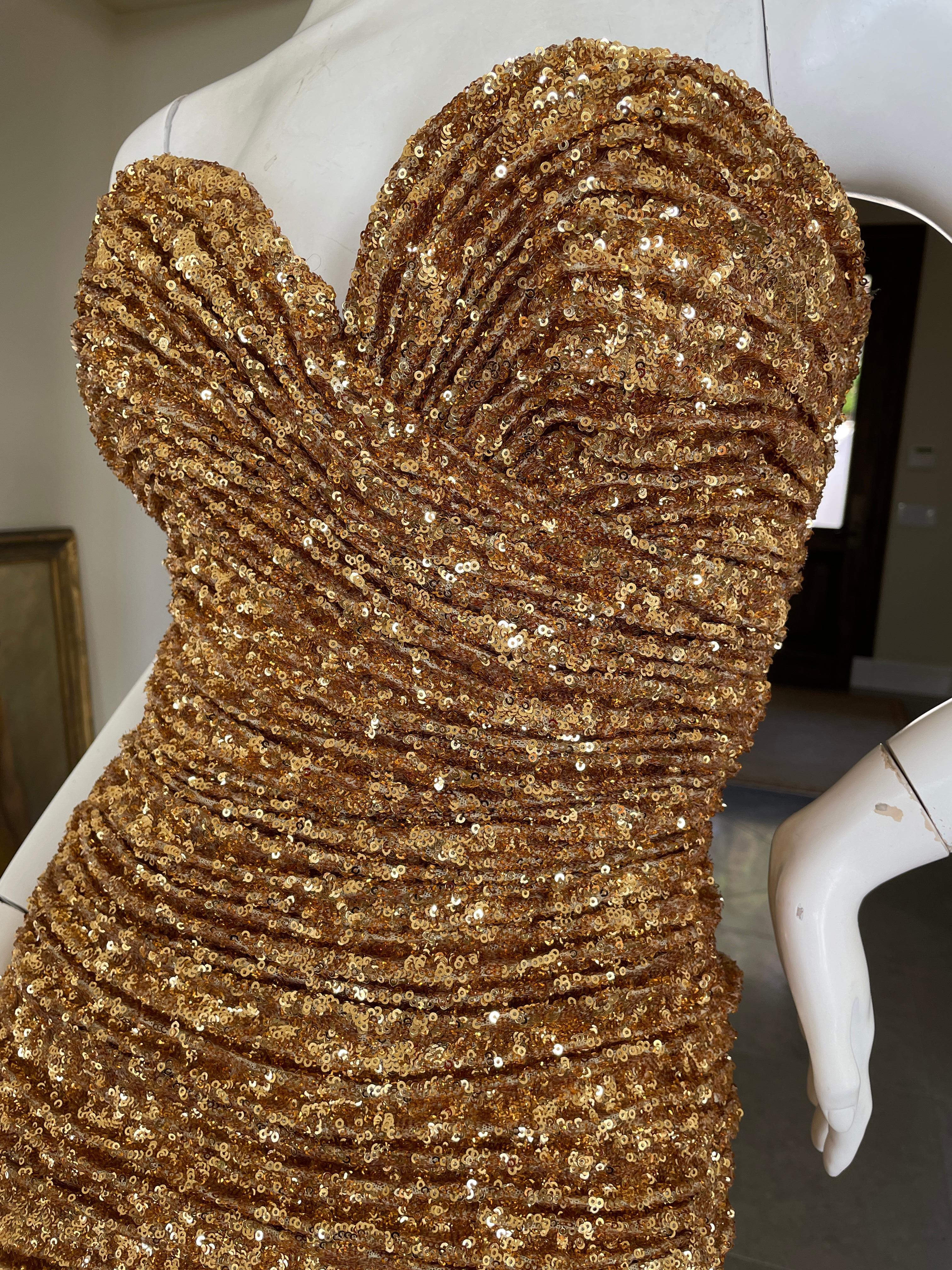 Women's or Men's Vicky Tiel Paris Sensational 80's Gold Sequin Strapless Cocktail Dress For Sale