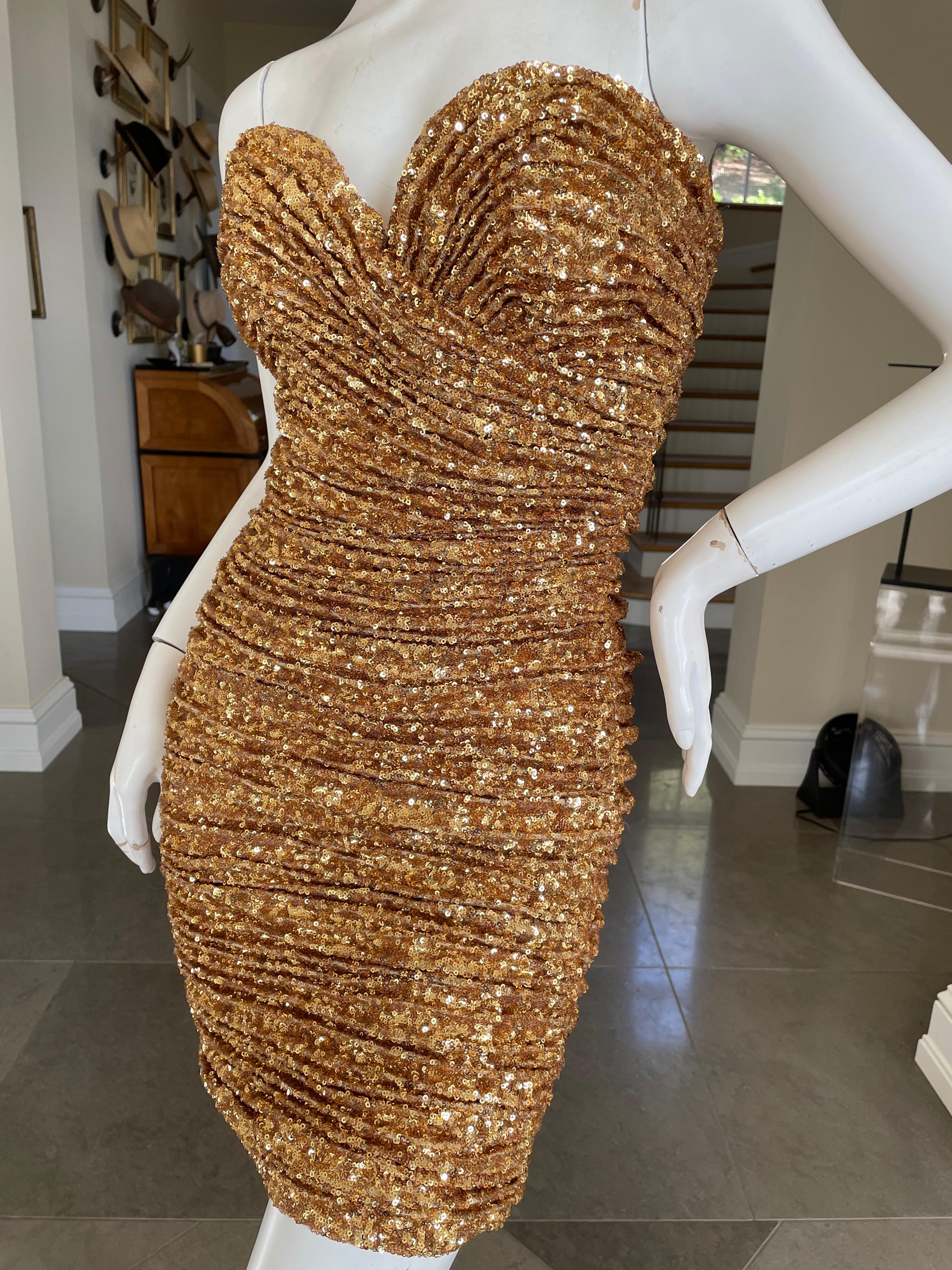 Brown Vicky Tiel Paris Sensational 80's Gold Sequin Strapless Cocktail Dress