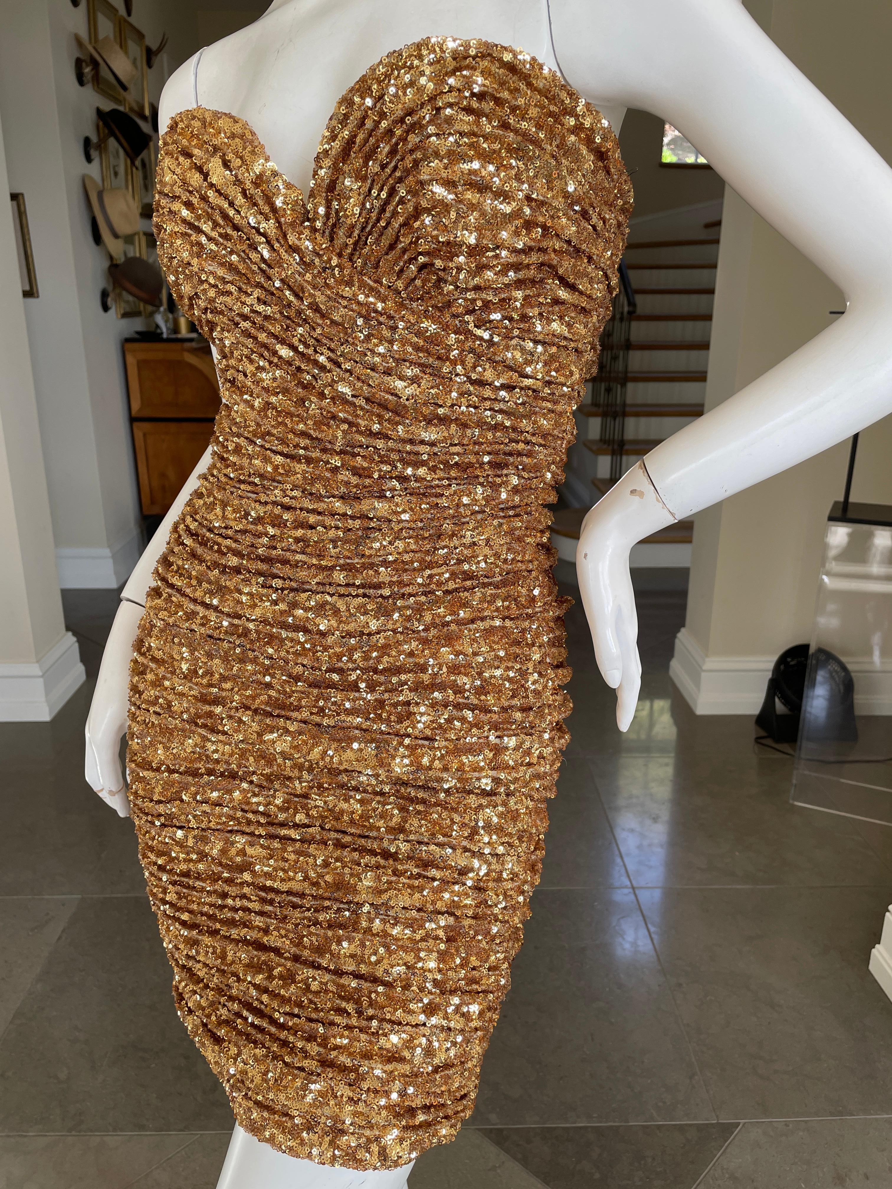 Vicky Tiel Paris Sensational 80's Gold Sequin Strapless Cocktail Dress In New Condition In Cloverdale, CA