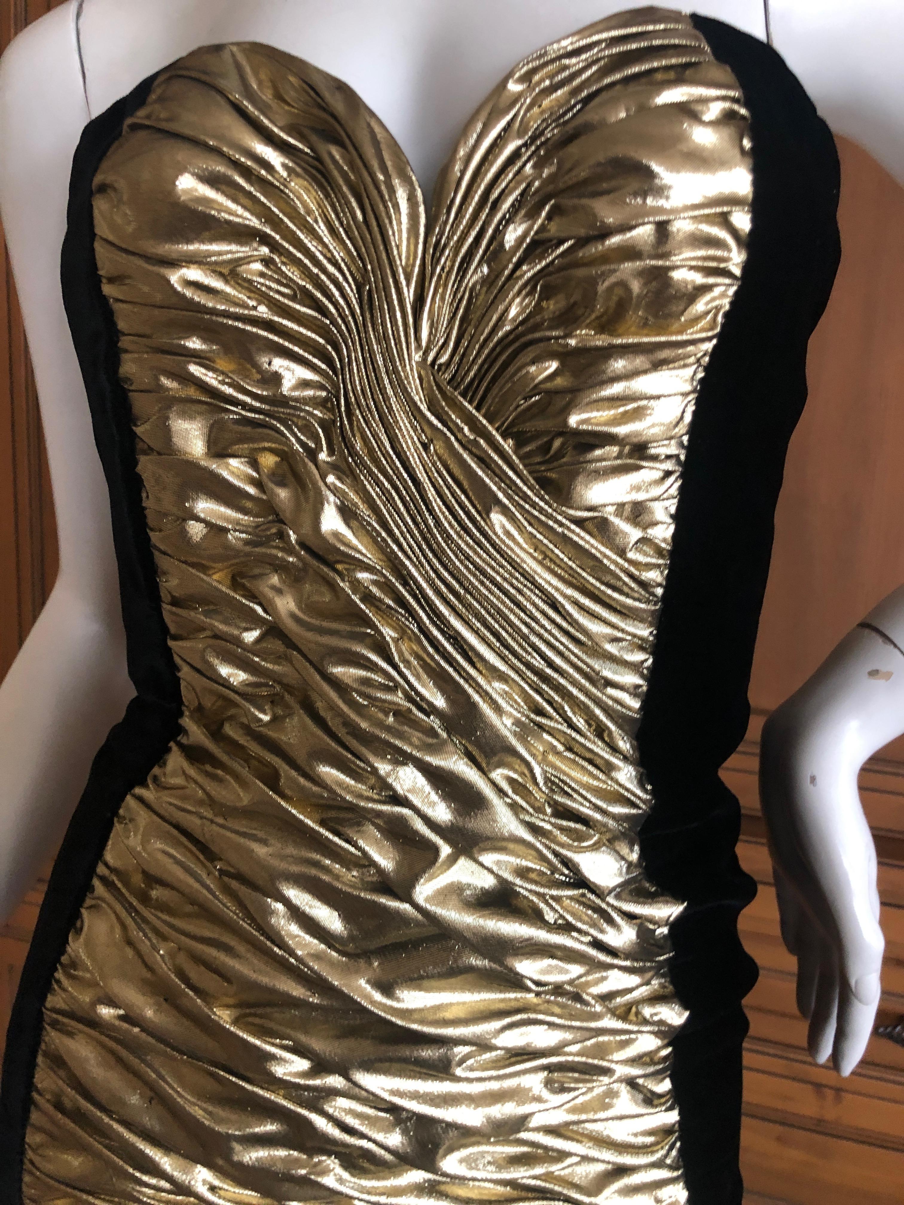 Vicky Tiel Paris Vintage Black Velvet Gold Accented Strapless Siren Dress In Excellent Condition For Sale In Cloverdale, CA