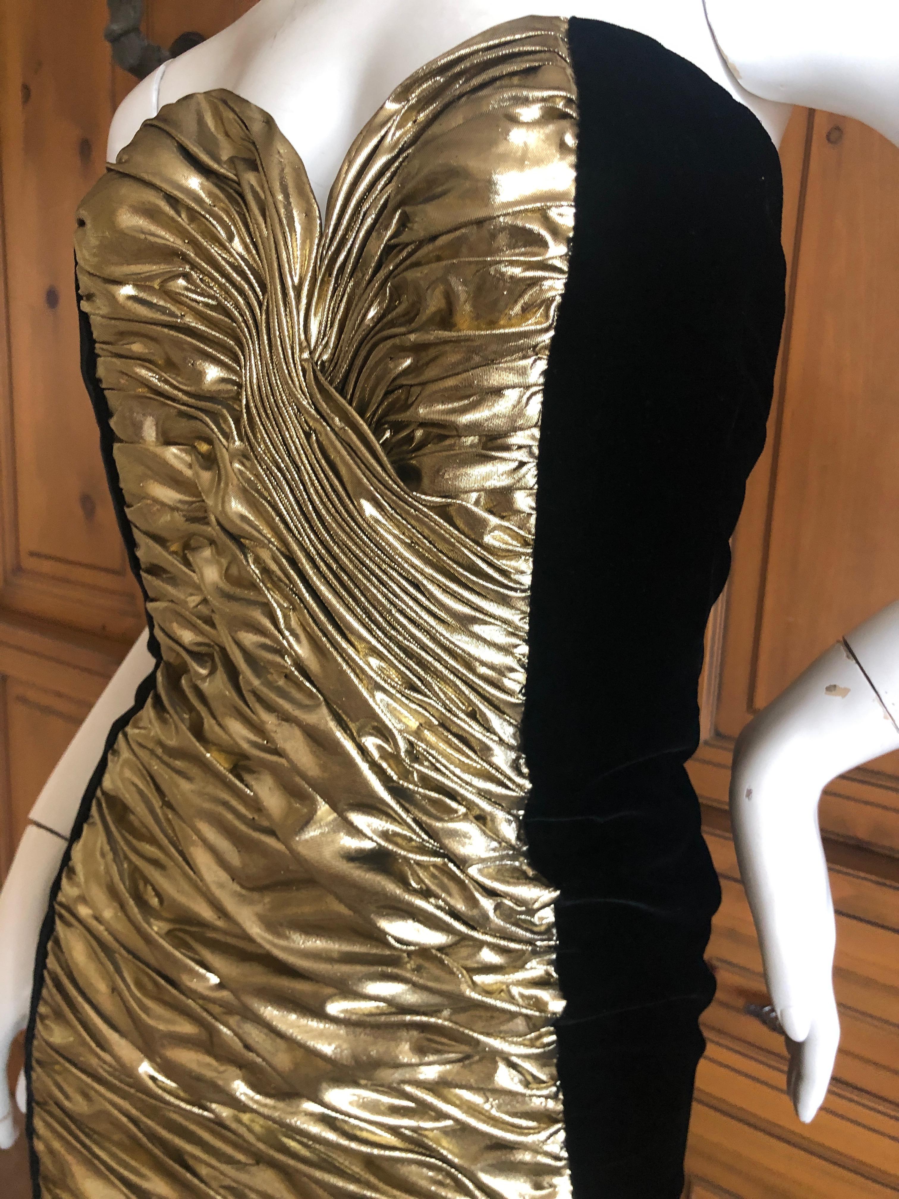 Women's Vicky Tiel Paris Vintage Black Velvet Gold Accented Strapless Siren Dress For Sale