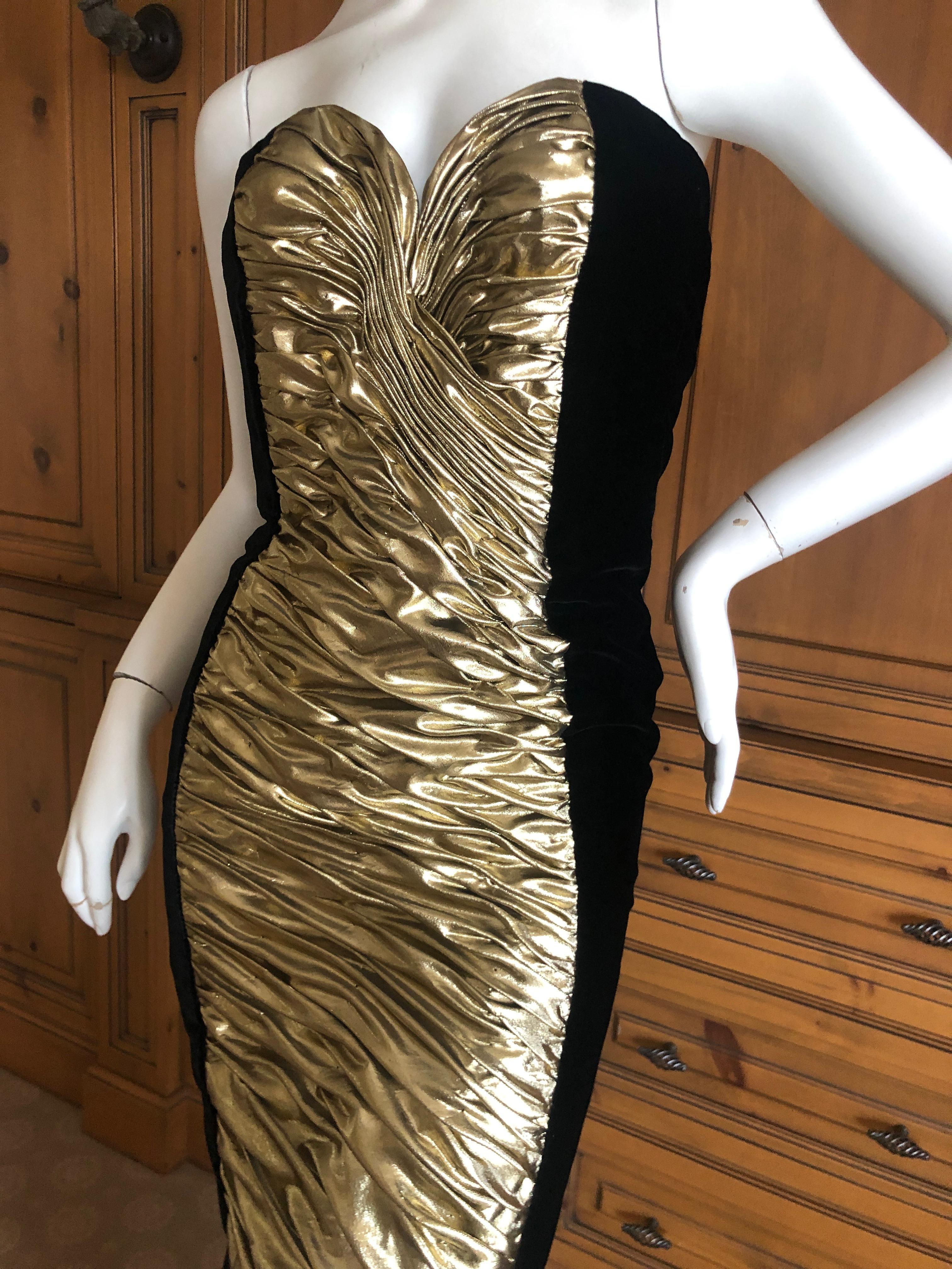 Vicky Tiel Paris Vintage Black Velvet Gold Accented Strapless Siren Dress For Sale 1