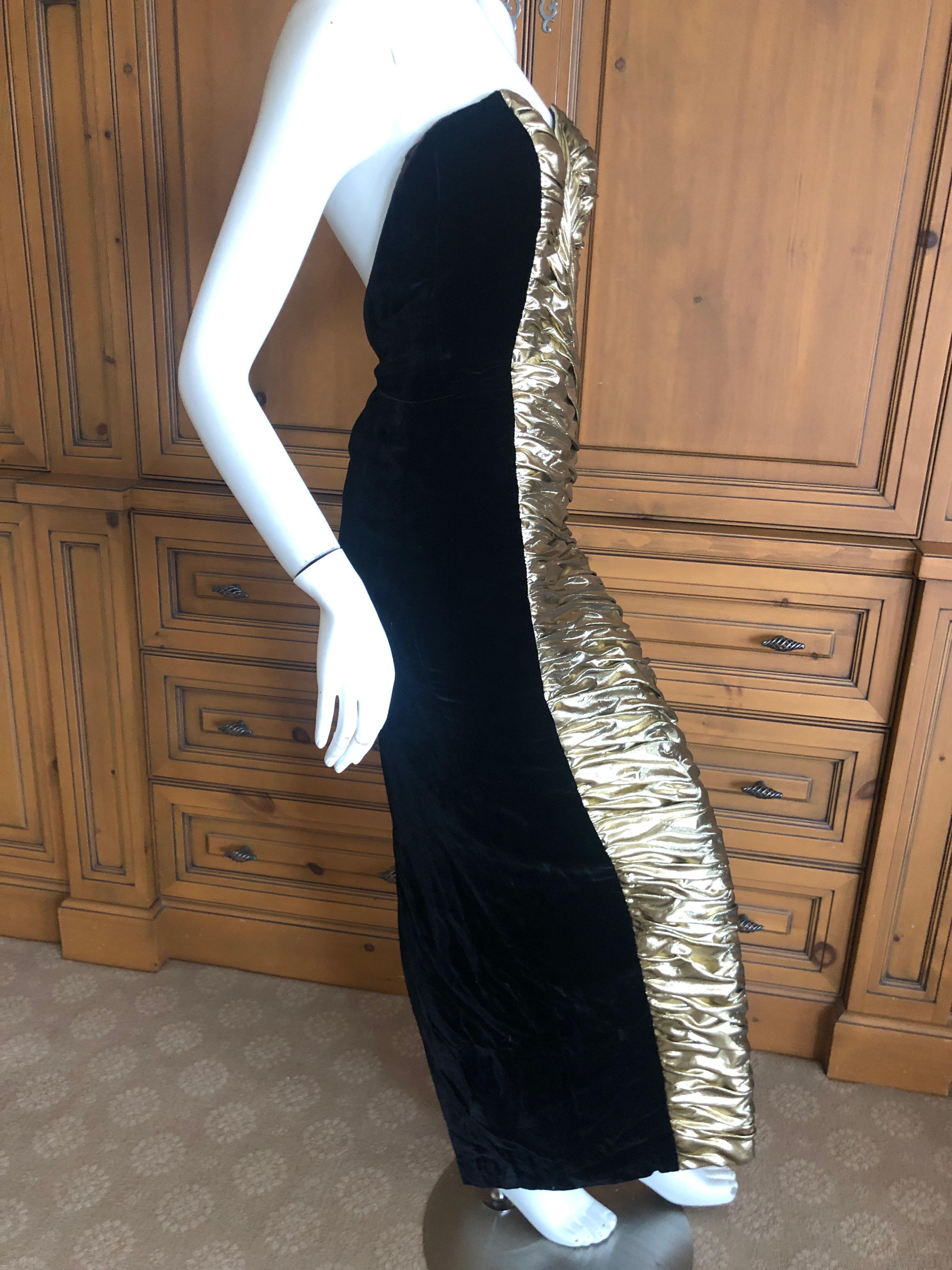 Vicky Tiel Paris Vintage Black Velvet Gold Accented Strapless Siren Dress For Sale 2