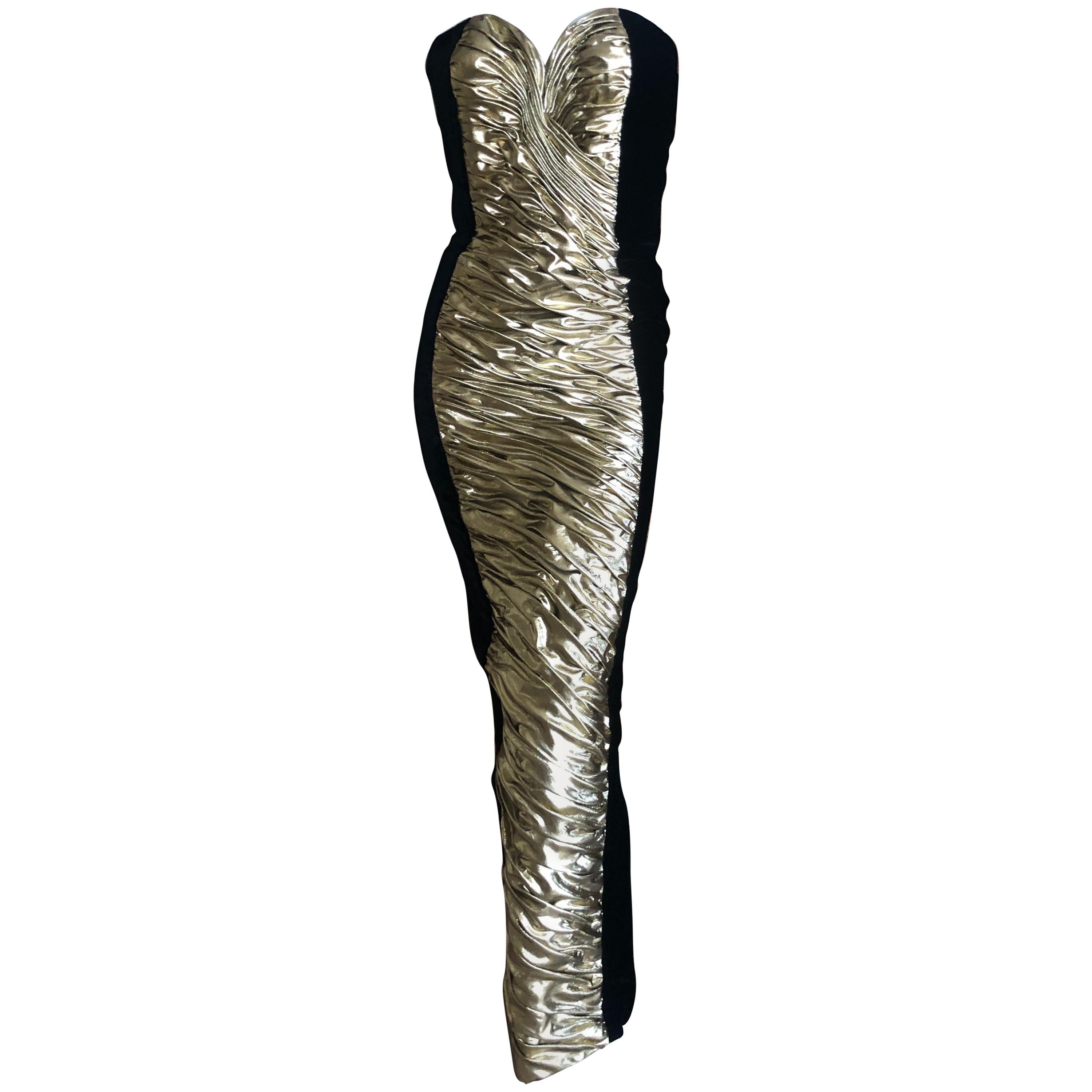 Vicky Tiel Paris Vintage Black Velvet Gold Accented Strapless Siren Dress For Sale