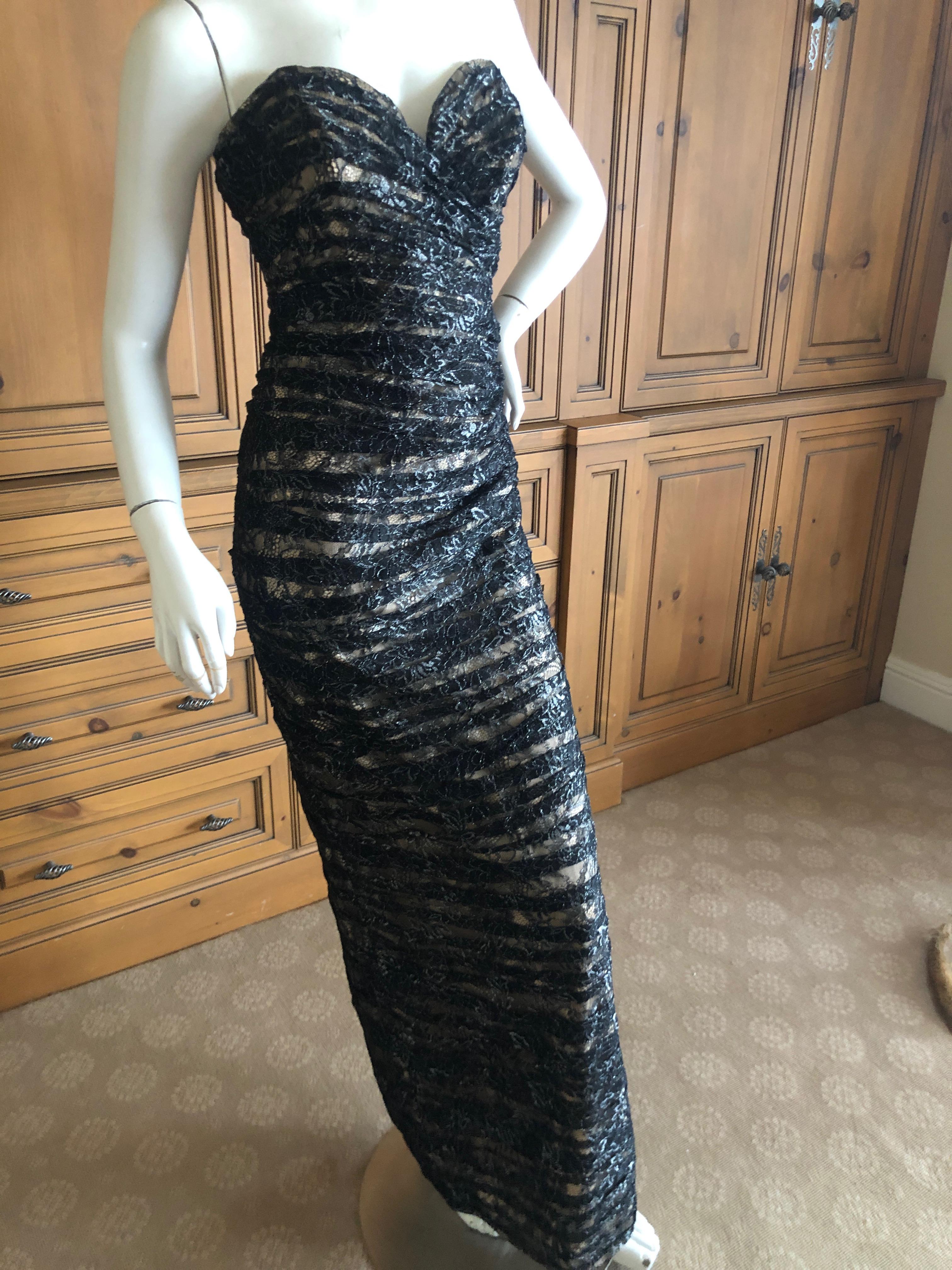 Vicky Tiel Paris Vintage Silver Accented Black Lace Strapless Siren Dress In Excellent Condition For Sale In Cloverdale, CA