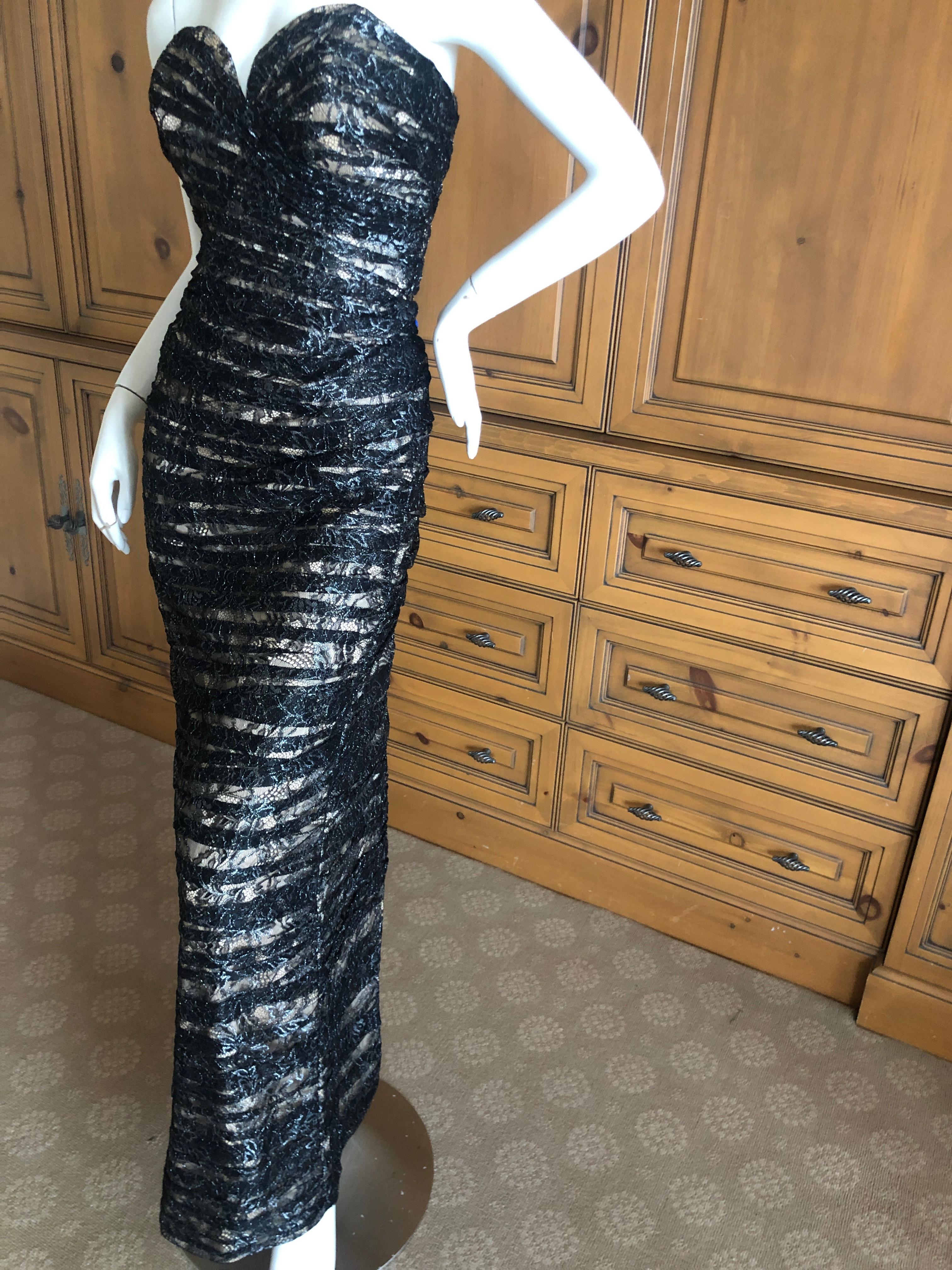 Women's Vicky Tiel Paris Vintage Silver Accented Black Lace Strapless Siren Dress For Sale