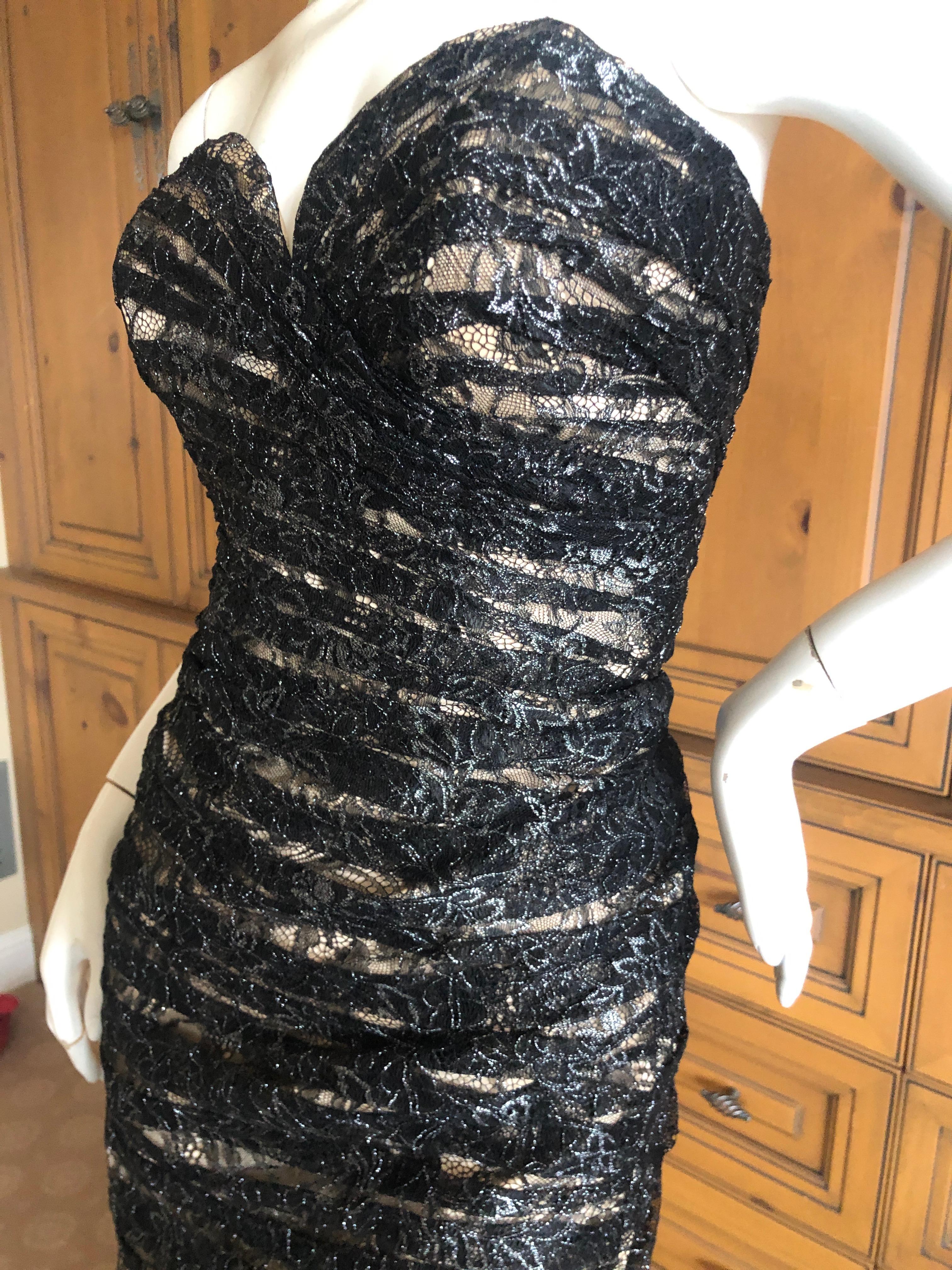Vicky Tiel Paris Vintage Silver Accented Black Lace Strapless Siren Dress For Sale 1