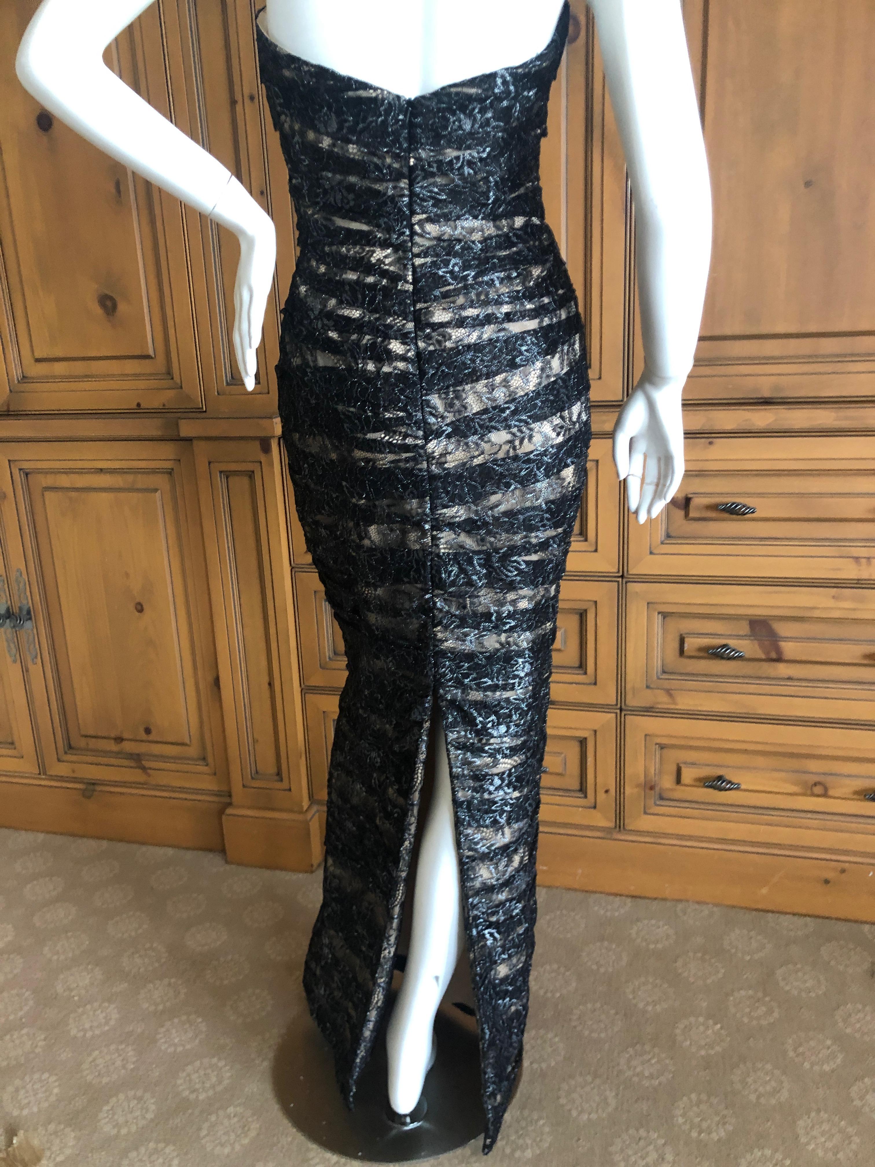 Vicky Tiel Paris Vintage Silver Accented Black Lace Strapless Siren Dress For Sale 2