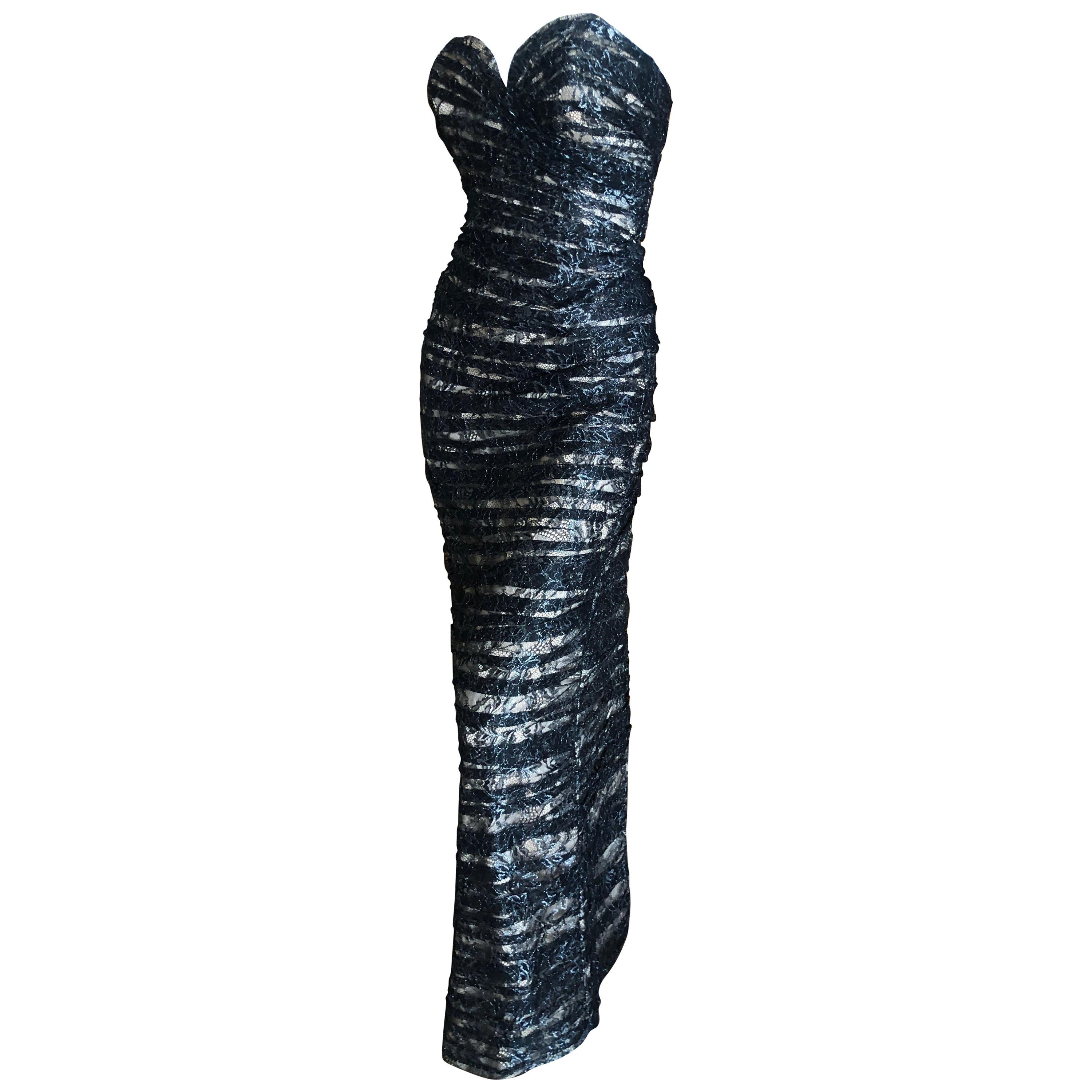 Vicky Tiel Paris Vintage Silver Accented Black Lace Strapless Siren Dress For Sale
