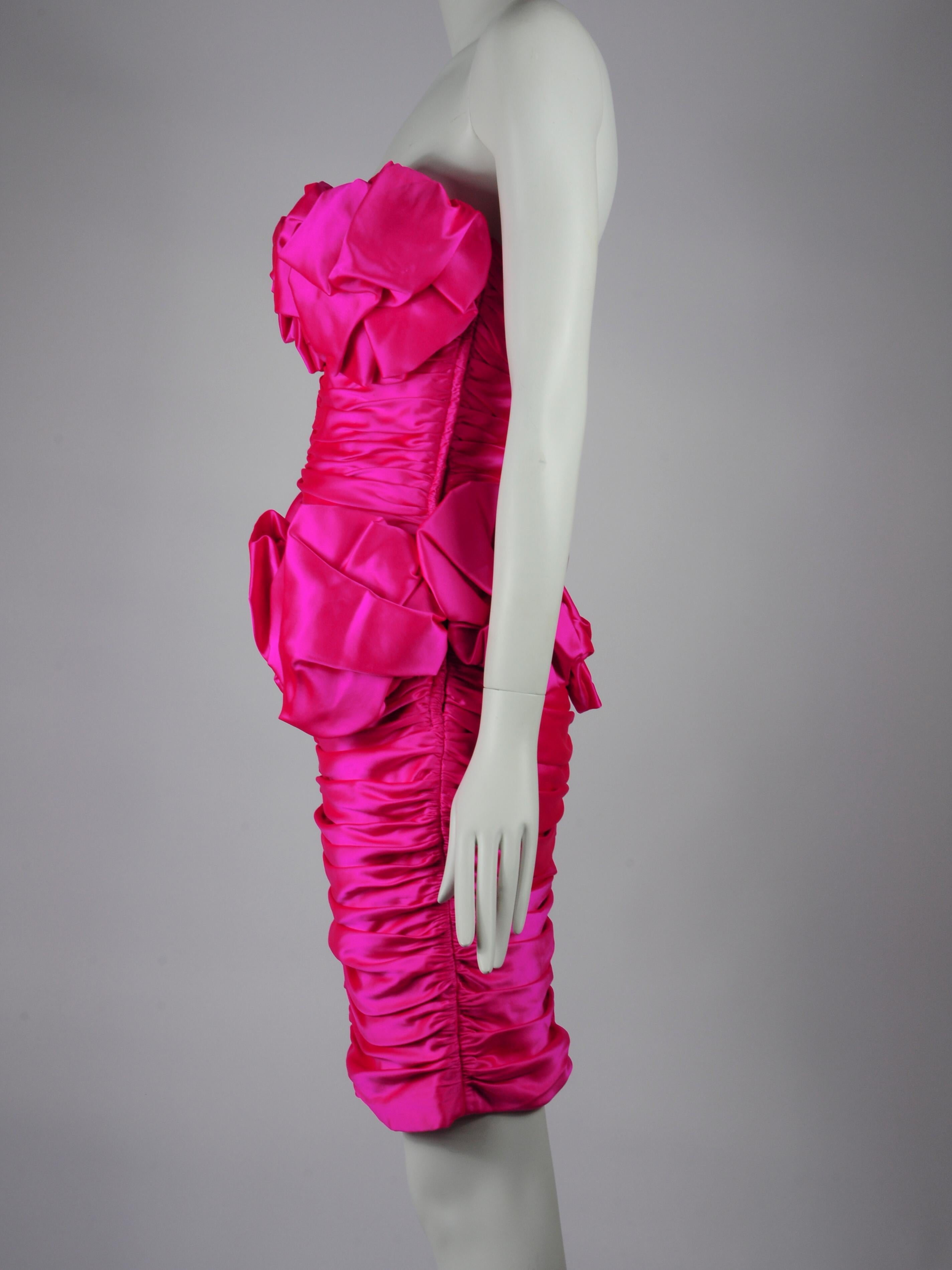 Vicky Tiel Silk Couture Cocktail Dress in Fuchsia Pink 1980s For Sale 1