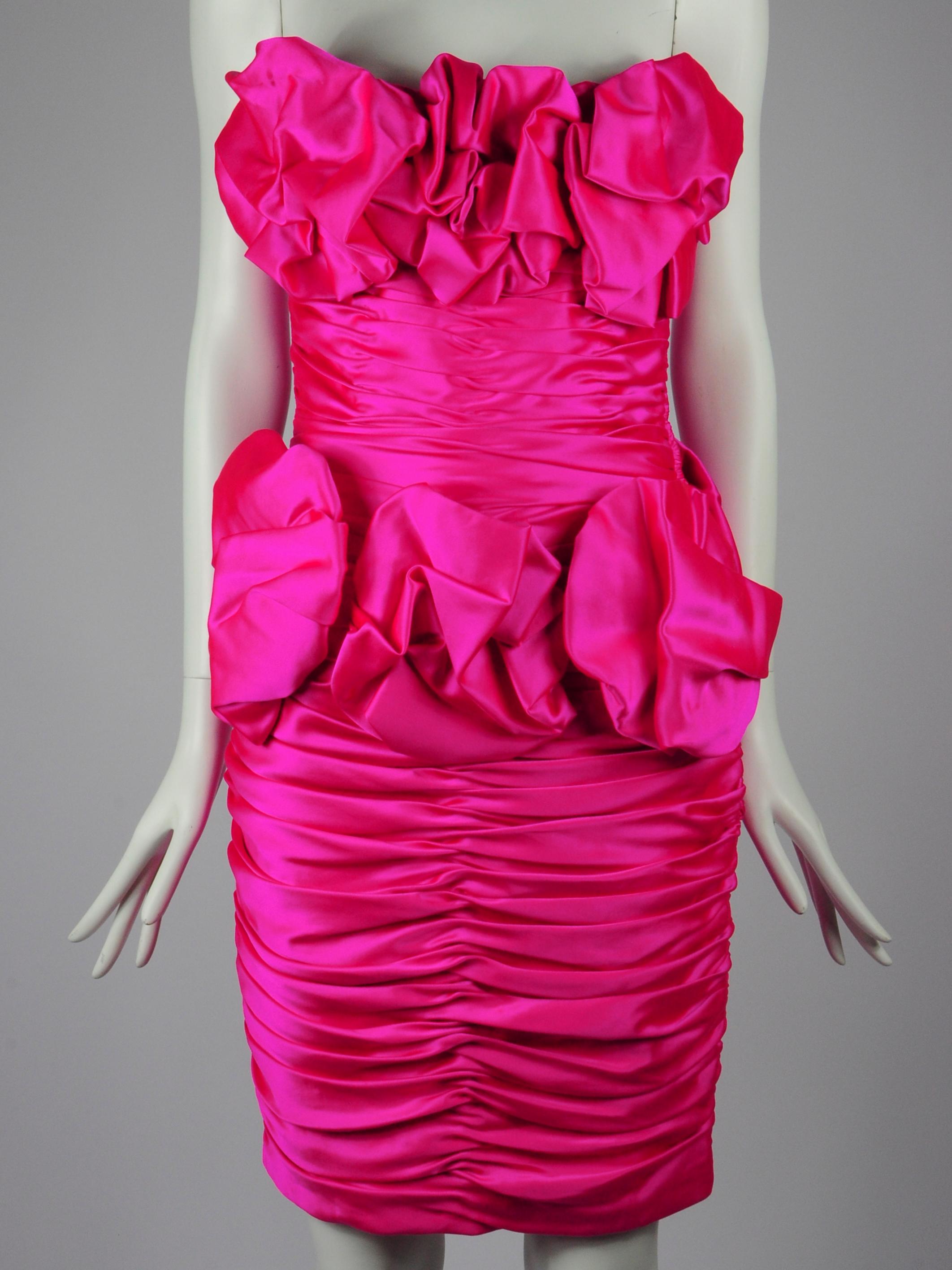 Vicky Tiel Silk Couture Cocktail Dress in Fuchsia Pink 1980s For Sale 3