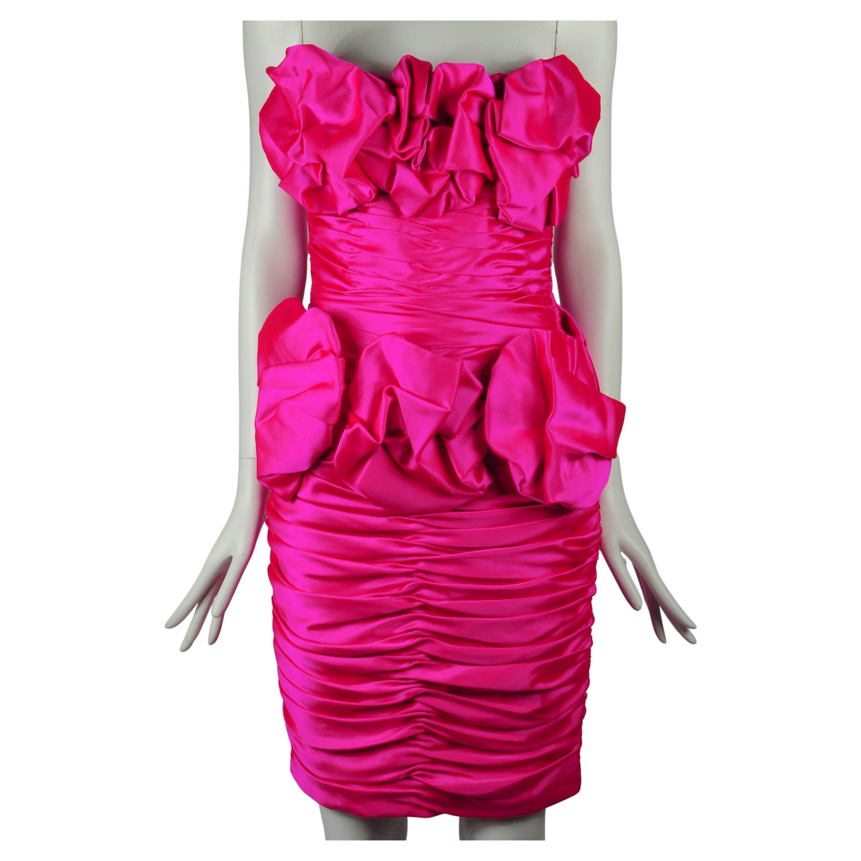 Vicky Tiel Silk Couture Cocktail Dress in Fuchsia Pink 1980s For Sale