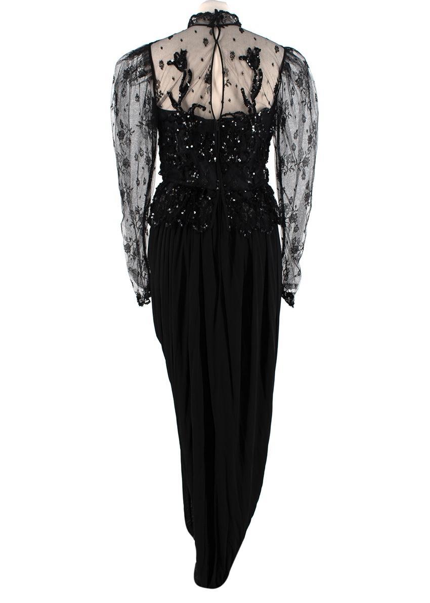 Vicky Tiel Vintage Black Lace & Draped Jersey Evening Gown - US 8  In Excellent Condition For Sale In London, GB